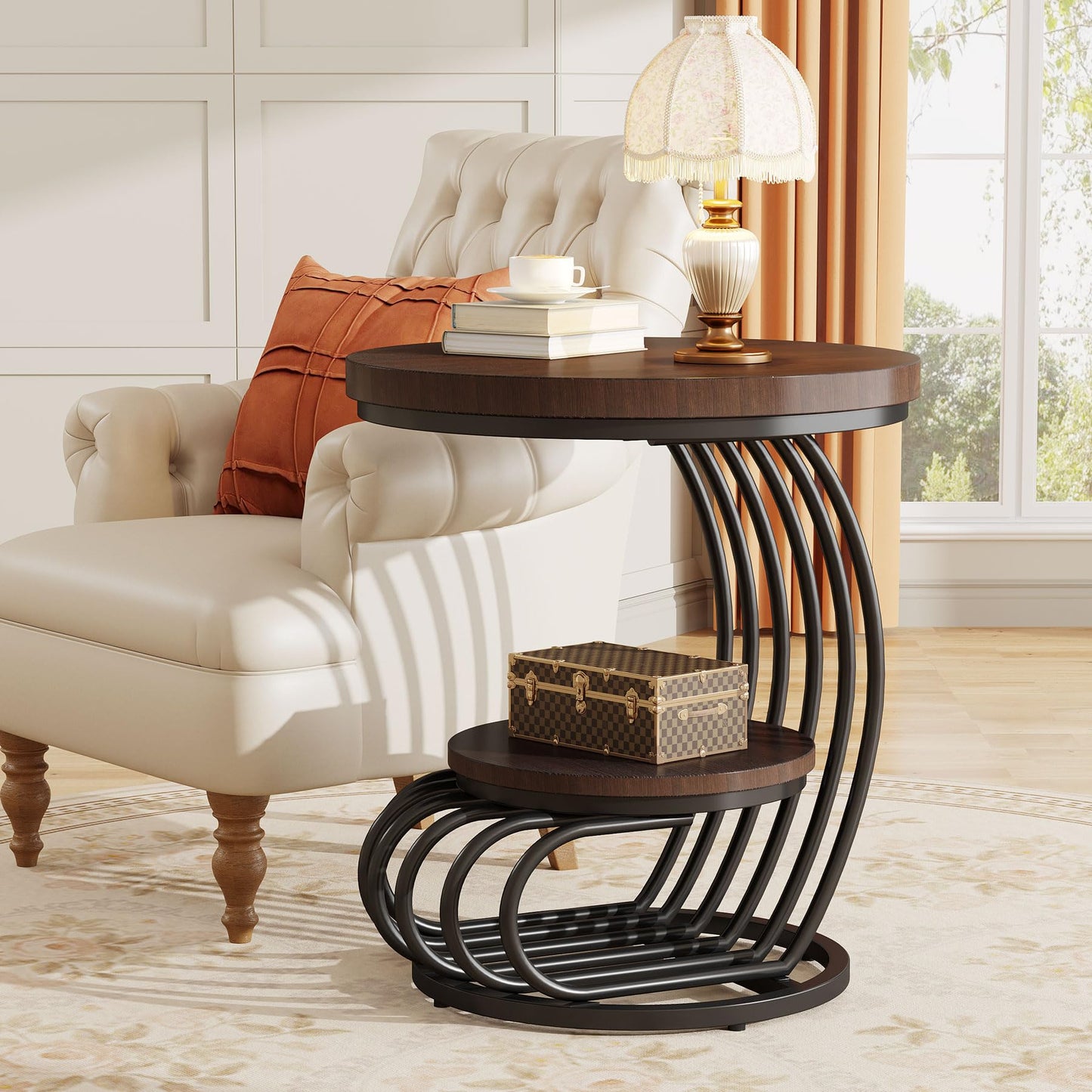Tribesigns Round End Side Table: Side Table with 2 Tiers Storage Shelves, Vintage End Table for Living Room, Small Bedside Table Accent Table with Arc-Shaped Frame, Rustic Brown