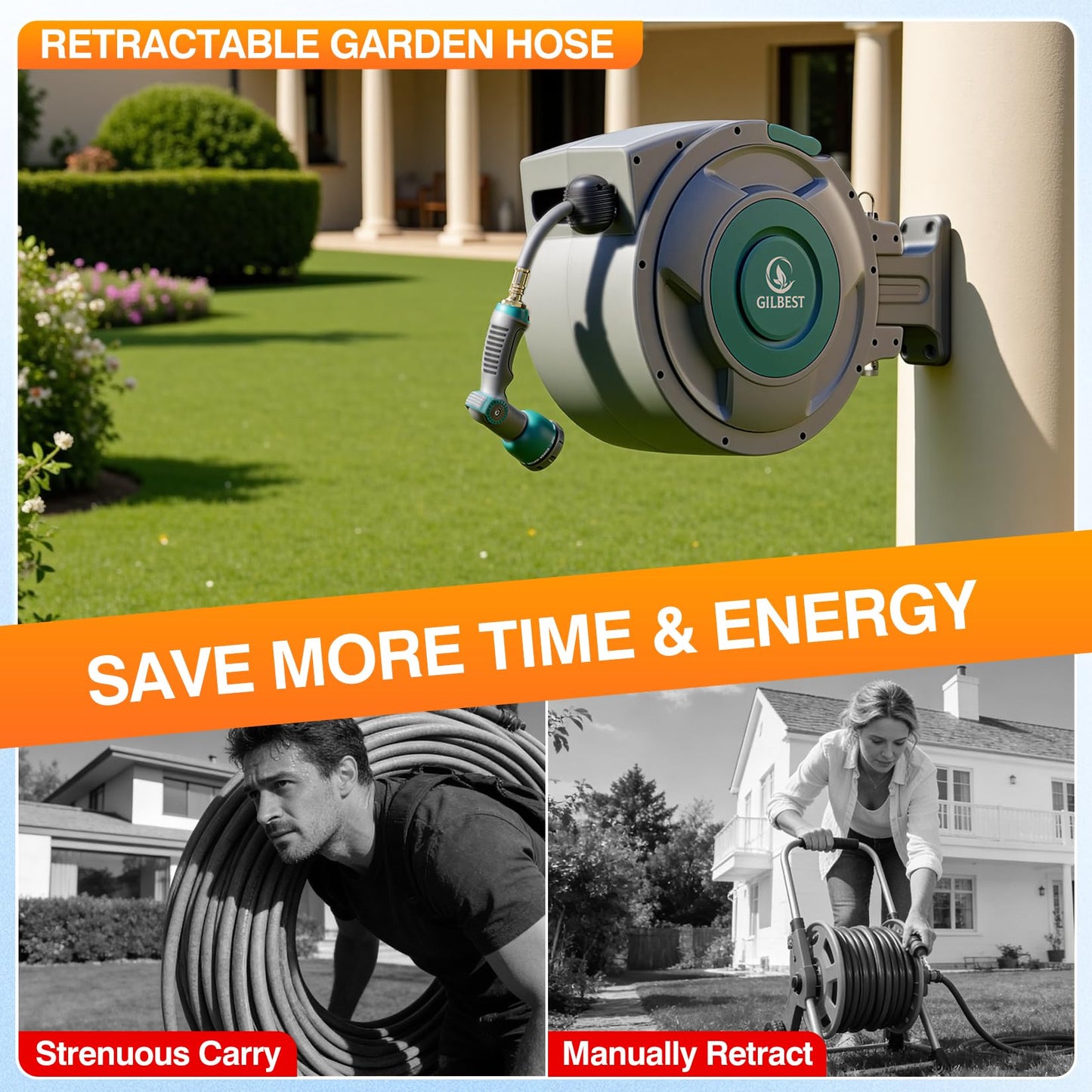 GILBEST 5/8" x 100 ft Retractable Garden Hose Reel, Heavy Duty Water Hose Reel Wall Mounted, Any Length Lock, 180°Swivel, Retractable Hose with 10-Function Nozzle for Cleaning, Watering (Green)