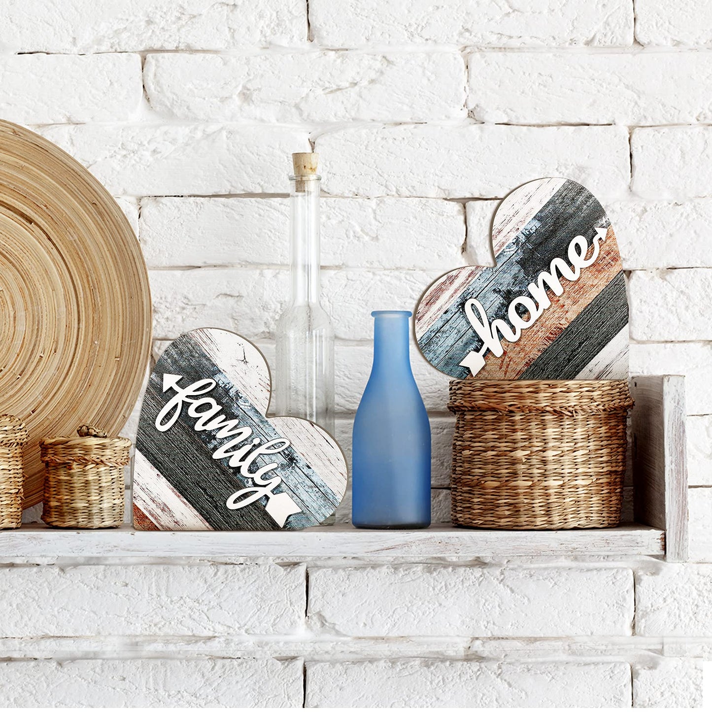 Jetec 2 Pcs Rustic Wooden Heart Table Decor, Daisy Farmhouse Home Decor, Bless This Home & Be Kind Sign for Living Room, Dining Room, Shelf & Mantel, Ideal Housewarming & Birthday Gift(Simple Style)