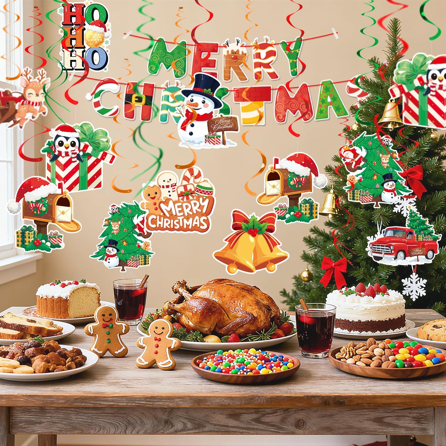Christmas Decor Set: Banner & Hanging Swirls - for Home, Office, Classroom Indoor Christmas Party Decorations