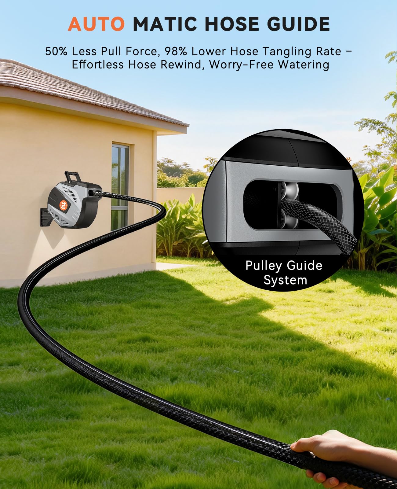 SUNPOW Retractable Garden Hose Reel - 1/2 inch x 50ft Wall Mounted Hose Reel with 3/4 inch Brass Fitting & 10 Function Sprayer Nozzle - Any Length Lock, Auto Rewind System, 180°Swivel Bracket - Grey