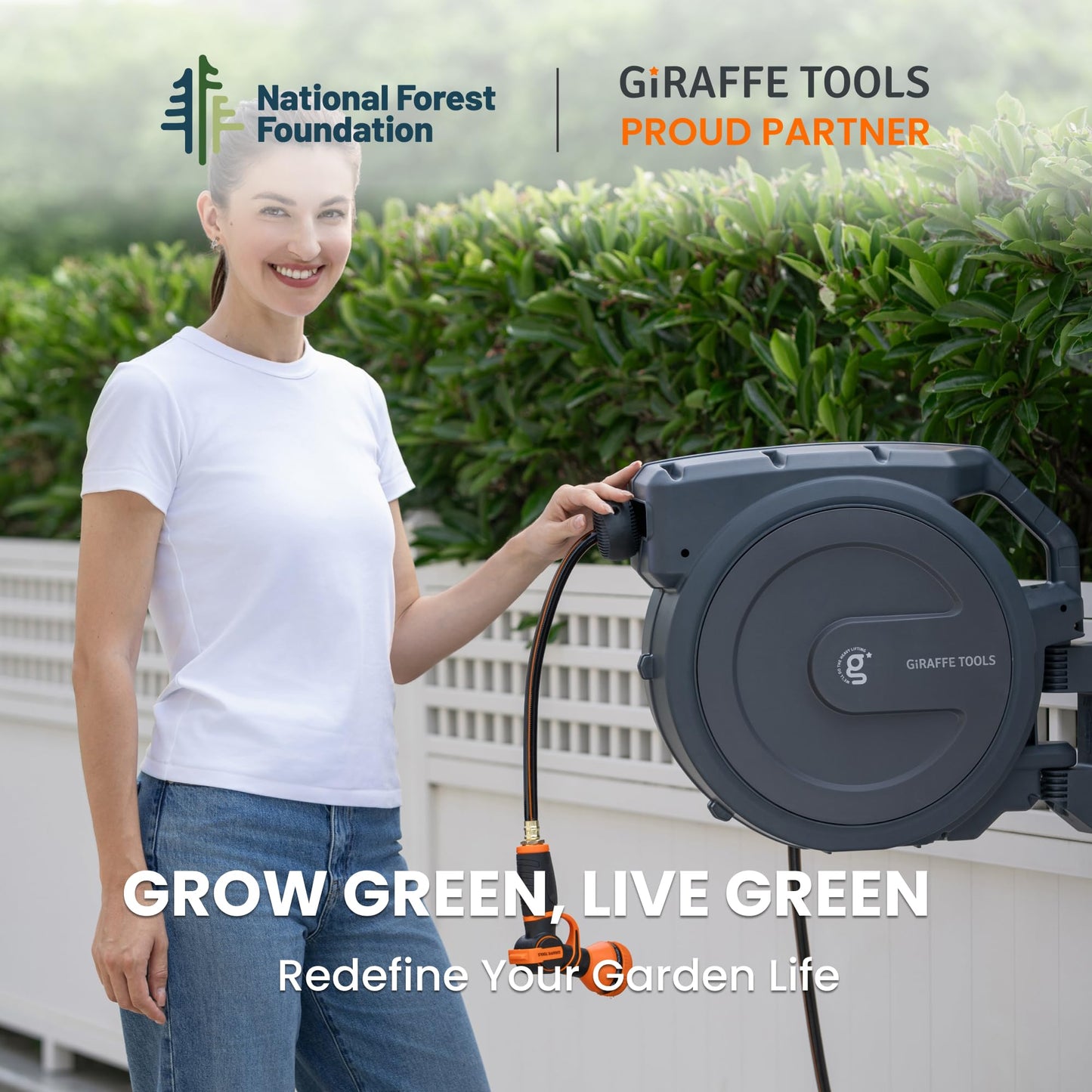 Giraffe Tools AW40 Retractable Hose Reel 5/8" x 90 ft Wall Mounted Garden Hose Reel Heavy Duty, Automatic Rewind, 180 Deg Swivel, Any Length Lock, 9 Pattern Nozzle, 90 ft, Dark Grey