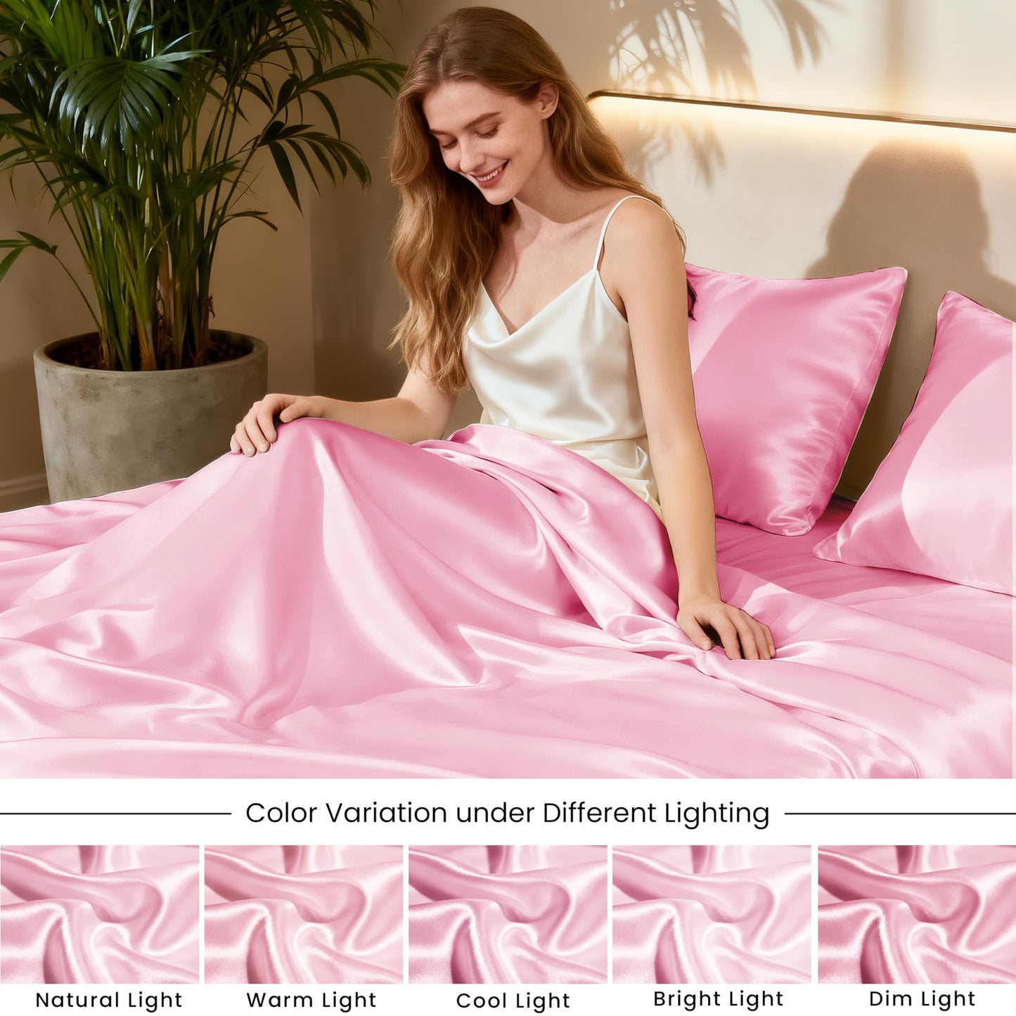 Love's cabin Satin Queen Sheets Set - 4 Piece Pink Silky Bed Sheets Set with Deep Pocket, Luxury Silk Feel Satin Queen Size Sheet Set (1 Flat Sheet, 1 Fitted Sheet, 2 Pillow Cases)