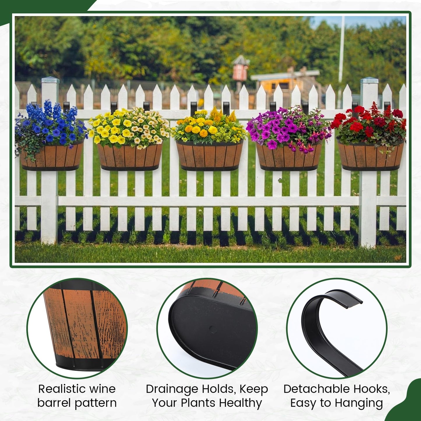 Ferrochef 5 Pcs Wine Barrel Metal Hanging Flower Pots 10.5" Fence Hanging Planters Outdoor Pot Wine Barrel Wall Planter with Detachable Hooks for Fence Garden Yard Home Decor