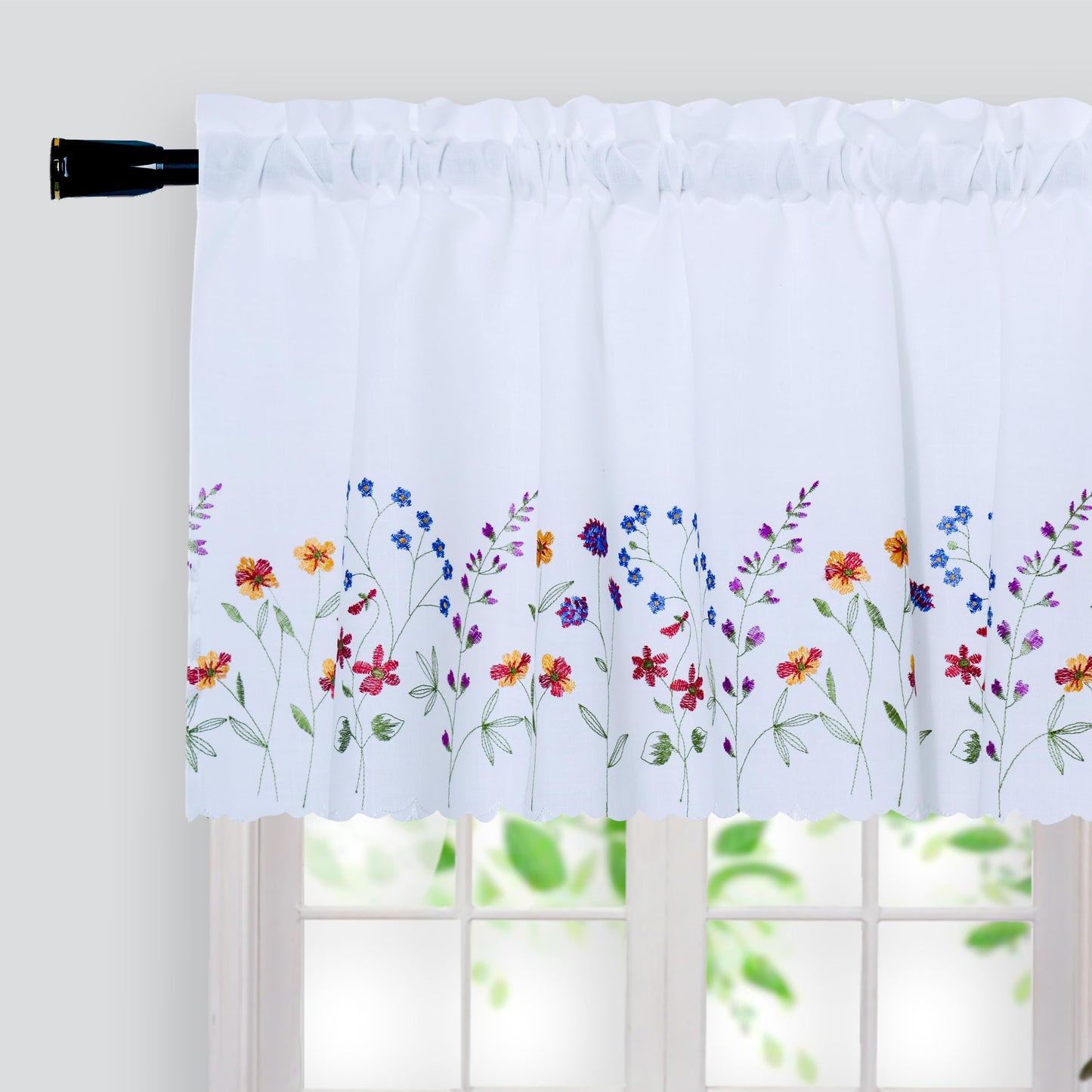 Siykkay PKT Floral Embroidery Curtain Valance, White Elegant Decorative Flowers Window Valances,Valances for Windows Living Room,Rod Pocket W52XL18 inch (Flowers)