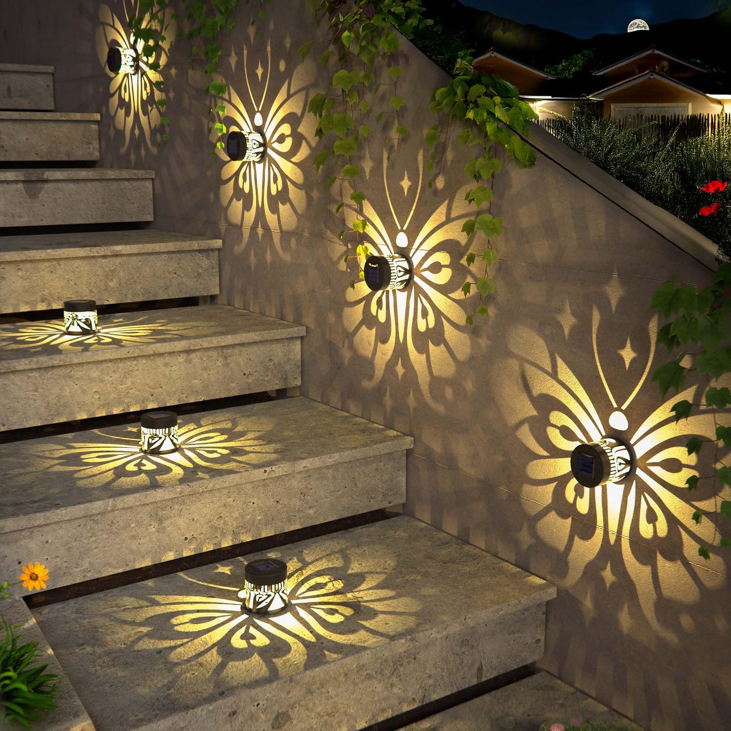 Hapjoy Solar Fence Lights 2 Pack Outdoor Deck Step Wall Lights Metal Waterproof LED Warm Yellow Light for Garden Post Patio Backyard Yard Decor (Butterfly-Star, 2)