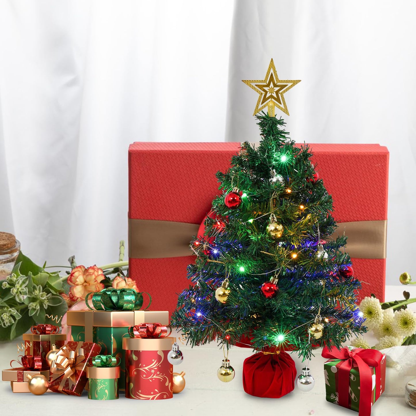 Mini Tabletop Christmas Tree with 30 LED String Lights, Star Top, Perfect for DIY Decoration 2ft