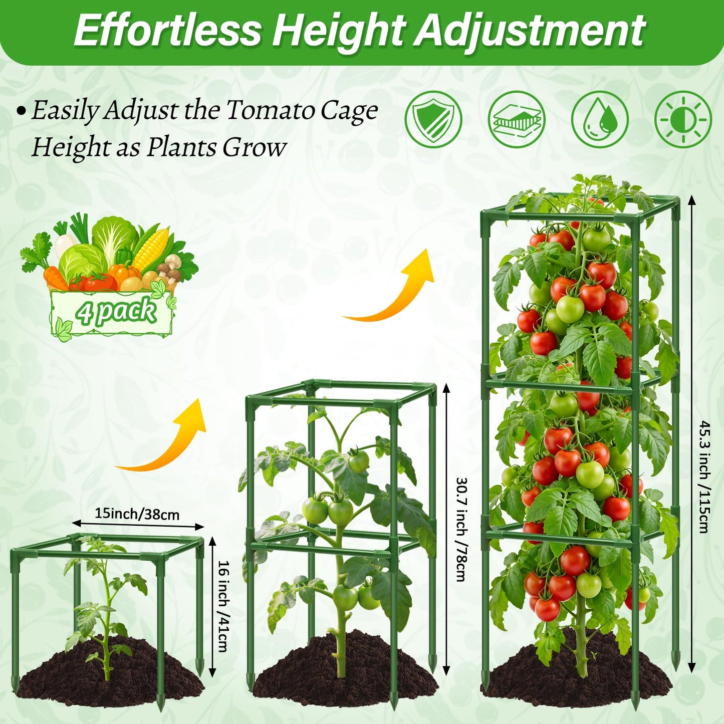 Sunwinx 4 Pack Square Tomato Cages for Garden, 45 Inch Adjustable Tomato Stakes, Metal Tomato Trellis, Garden Plant Support for Potted Climbing Plants, Vegetables Flowers Fruits, Raised Garden Bed