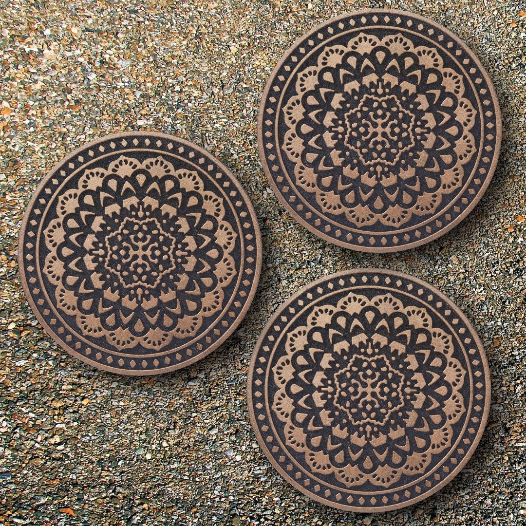 Home Furnishings By Larry Traverso HF by LT Deluxe Rubber Stepping Stone, Mandala Design, Heavy Duty 13"" All-Weather Garden Tile, Black with Antique Bronze Finish, Set of 3, TR0786