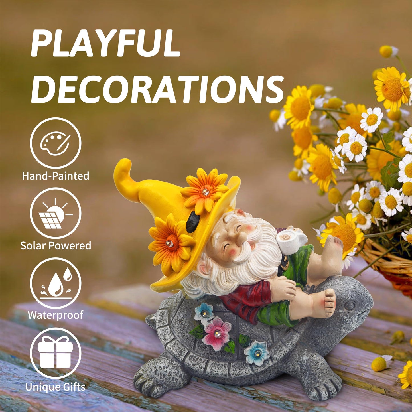 TUEVAK Garden Gnomes Outdoor Decor - Funny Sunflower Gnome Sitting on Turtle with Solar Lights, Gnomes Decoration for Lawn Yard Patio, Garden Gifts for Women, Mothers Day, Housewarming