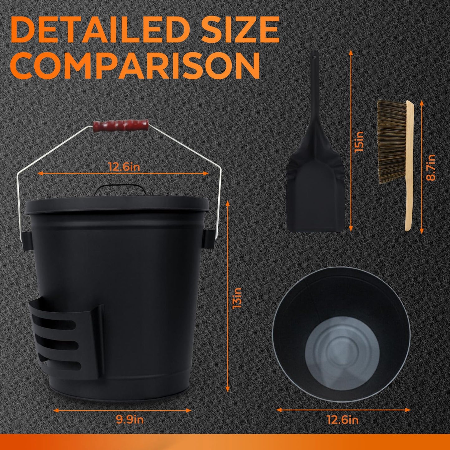 KEFIY 5.2 Gallon Ash Bucket with Lid and Shovel, Metal Fireplace Ash Bucket with Broom, Complete Fireplace Tools Set for Wood Stove and Fireplace