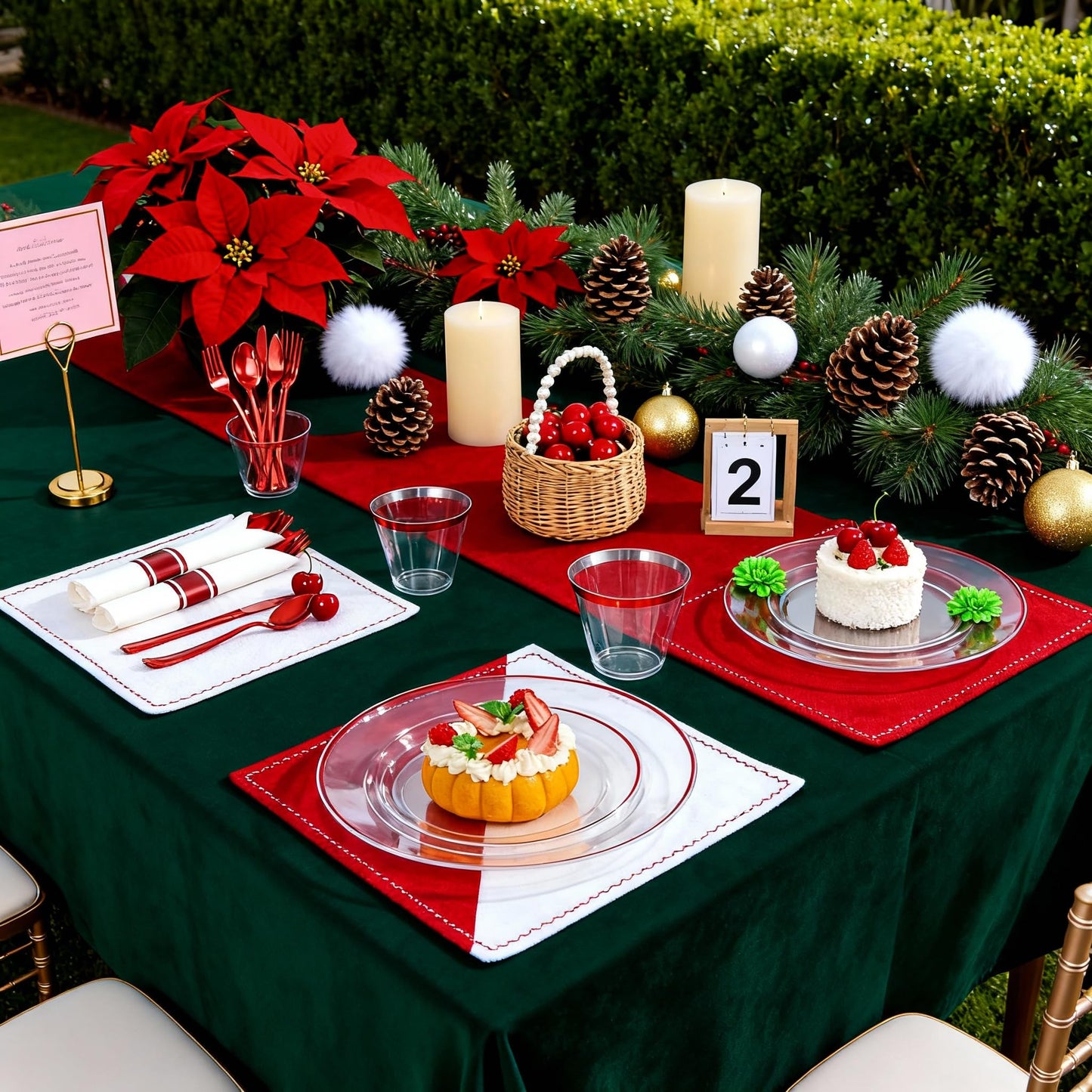 SUT 350 Pcs Red and Clear Plastic Dinnerware Set for 50 Guests, Include: 50 Dinner Plates, 50 Dessert Plates, 50 Pre Rolled Napkins With Silverware, 50 Cups, Disposable Plates for Party