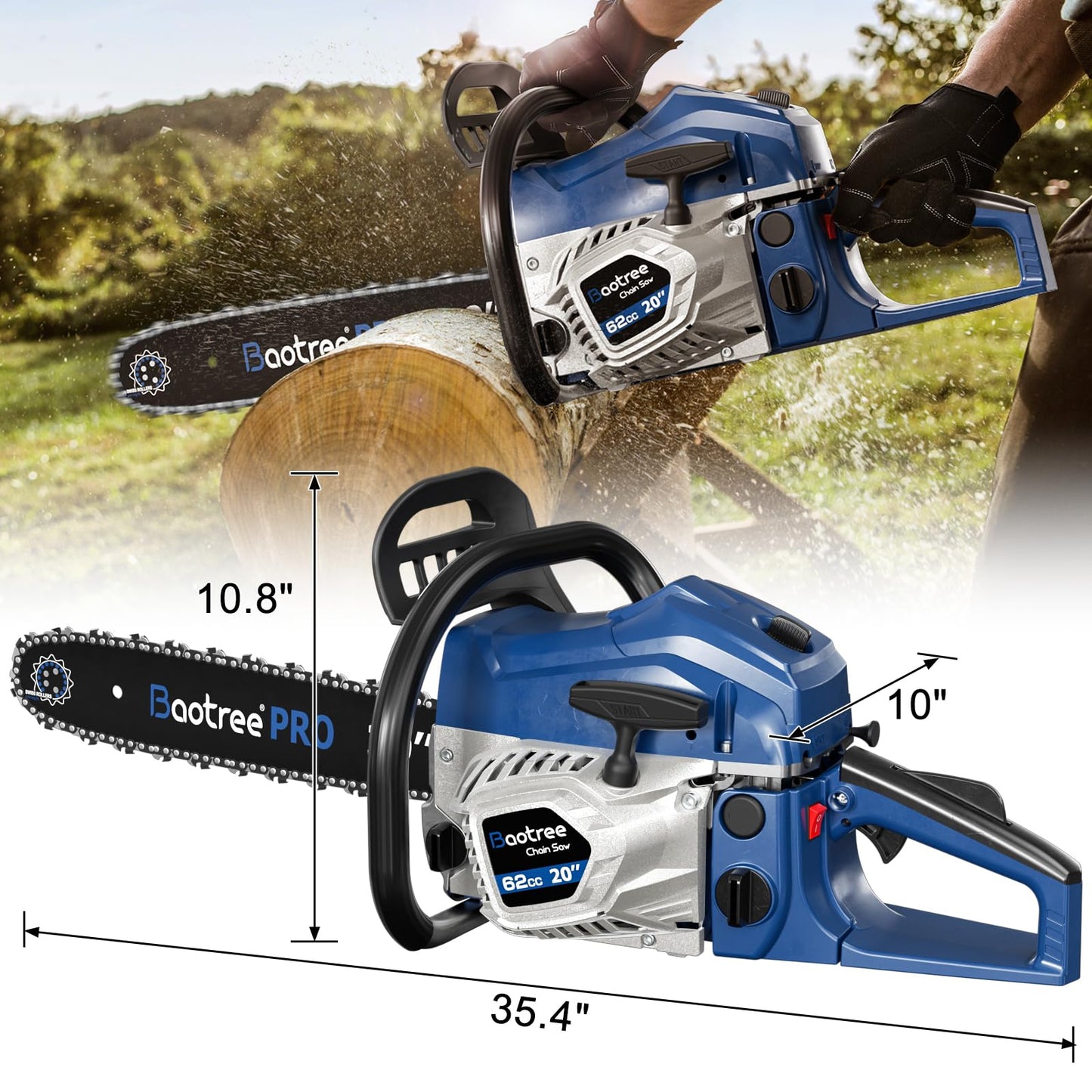62cc Gas Chainsaw with 20 Inch Guide Bar, Professional Gasoline Chain Saw for Large Trees, Long Lasting Engine & Low Maintenance Design (Blue)