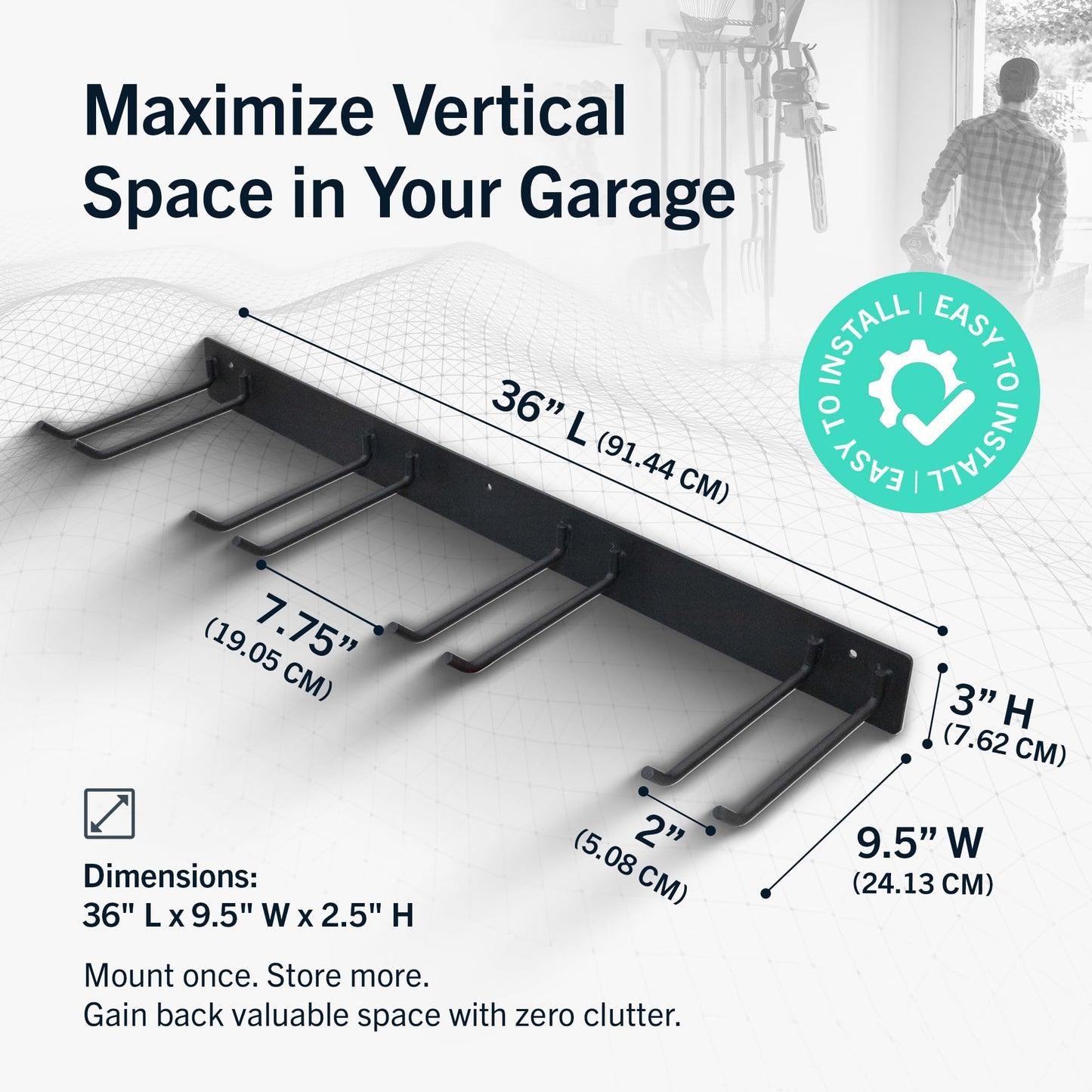 StoreYourBoard 36" Garage Tool Organizer Wall Mount | Garden Tool Organizer System | Heavy Duty Garden Tool Storage Rack for Yard Tools Rakes Shovels 250lbs Garage Organization | 4 PVC Coated Hooks
