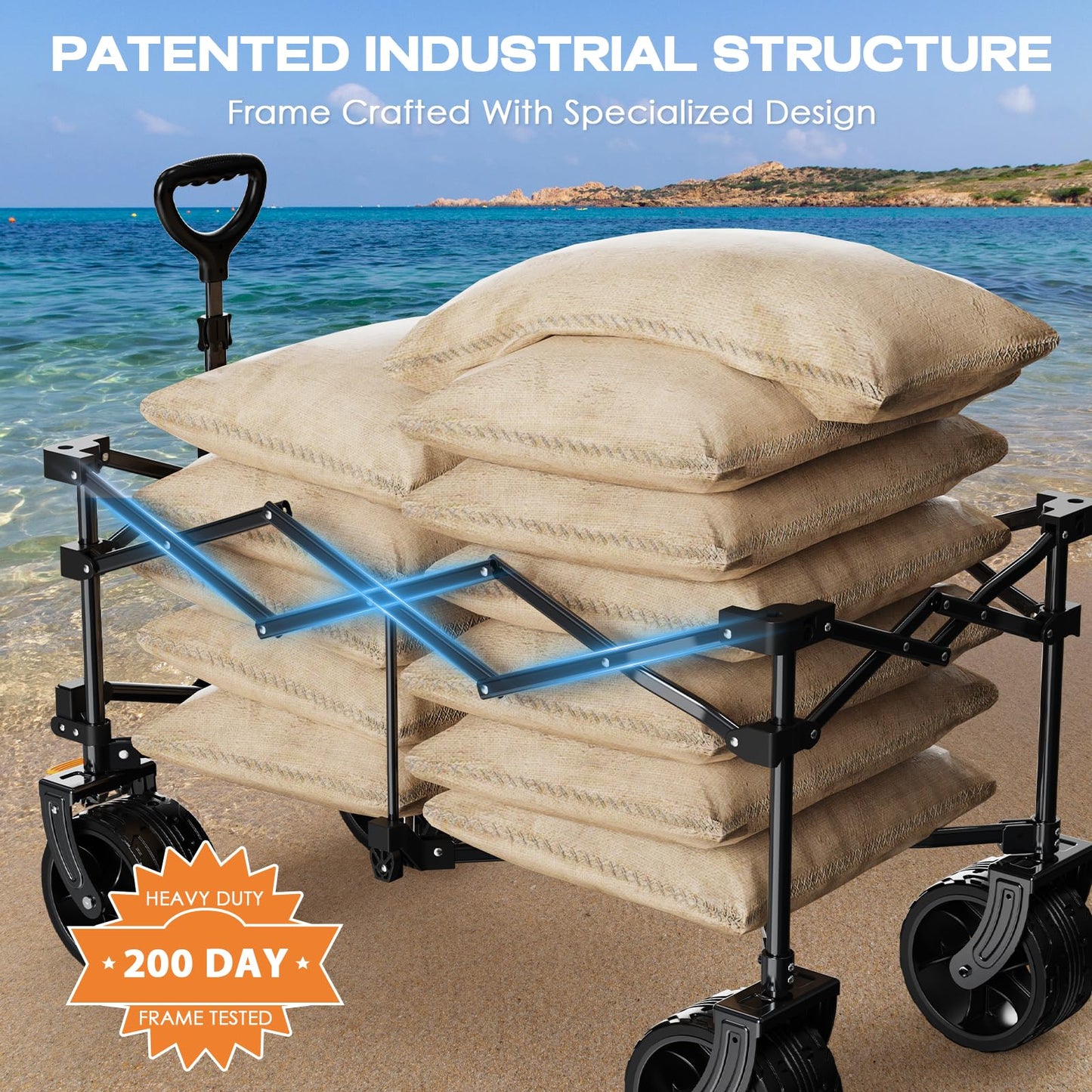 Uyittour Collapsible Wagon Cart Heavy Duty Foldable, Folding Beach Wagon with Big Wheels for Sand, Utility Grocery Cart with Side Pocket and Brakes for Camping Sports Outdoor Activities, Black