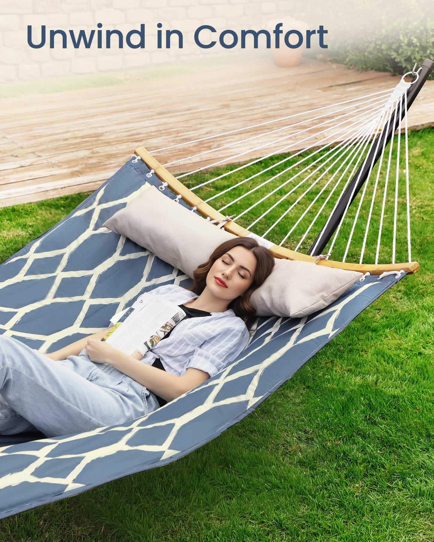 SONGMICS Hammock, Quilted Double Hammock with Padded Pillow, 78.7 x 55.1 Inches, 495 lb Weight Capacity, Portable for Outdoor Relaxation, Garden, Patio, and Camping, Blue UGDC034I02V1
