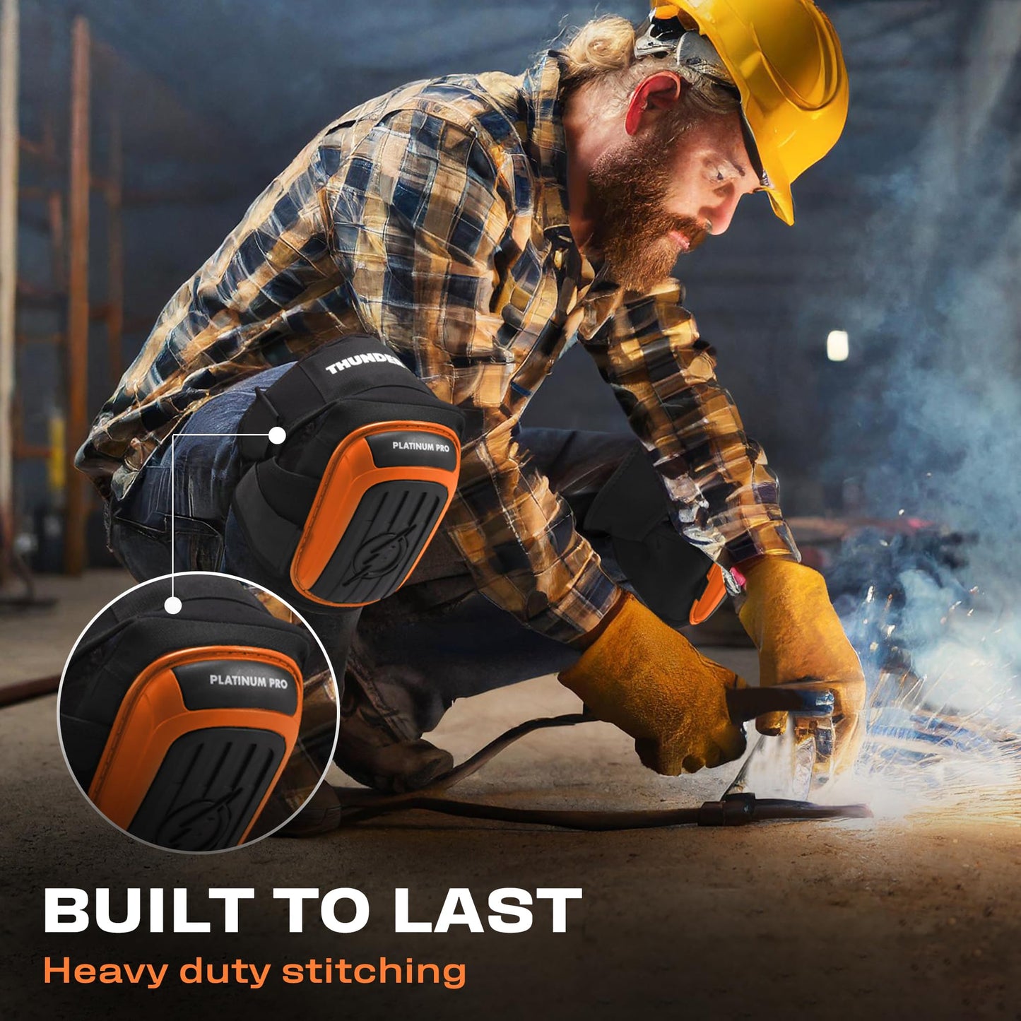 Thunderbolt Knee Pads for Men Construction Knee Pads for Work for Men and Women with Double Gel for Gardening Flooring Roofing Heavy Duty with Extra Thick Foam and Strong Adjustable Non-Slip Straps