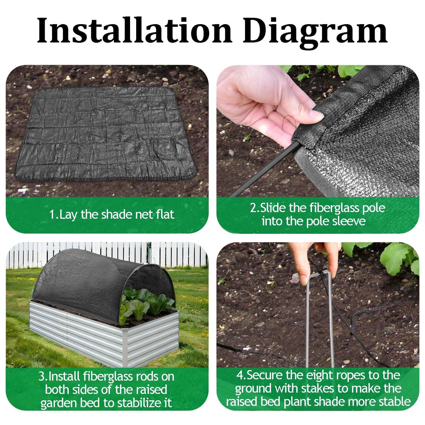 Upgraded 4x2x1Ft Raised Garden Bed Sun Shade Kit – 70% Black Shade Cloth Plant Sunblock Cover with 7mm Thicker Foldable Fiberglass Poles, Pre-Assembled Tunnel with Stakes & Fixed Ropes for Raised Bed