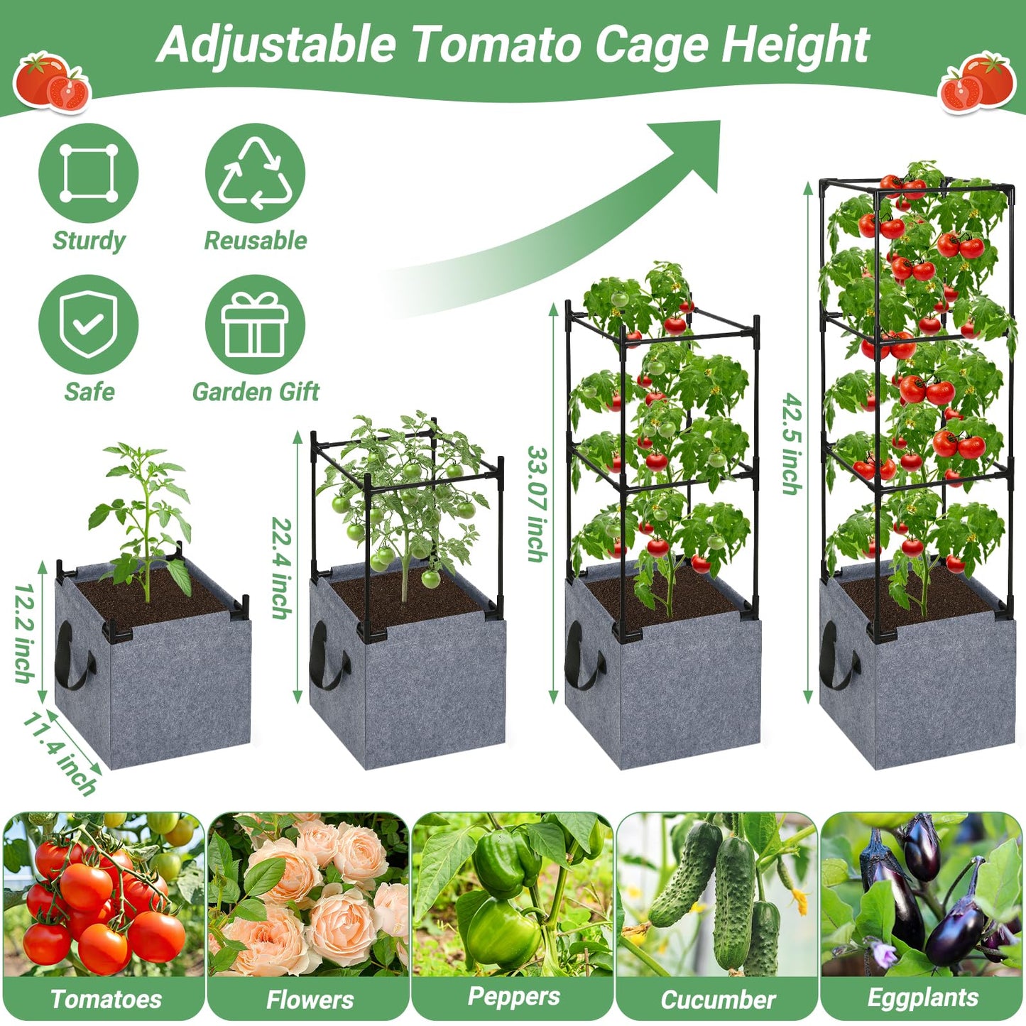 Qinzave 3 Pack Square Tomato Cages with Grow Bags, 42.5 Inch Stable Square Tomato Planter Support Stakes Kit for Garden, Tomato Cages Trellis Pots for Spring Climbing Vegetables Fruits Vines Flowers