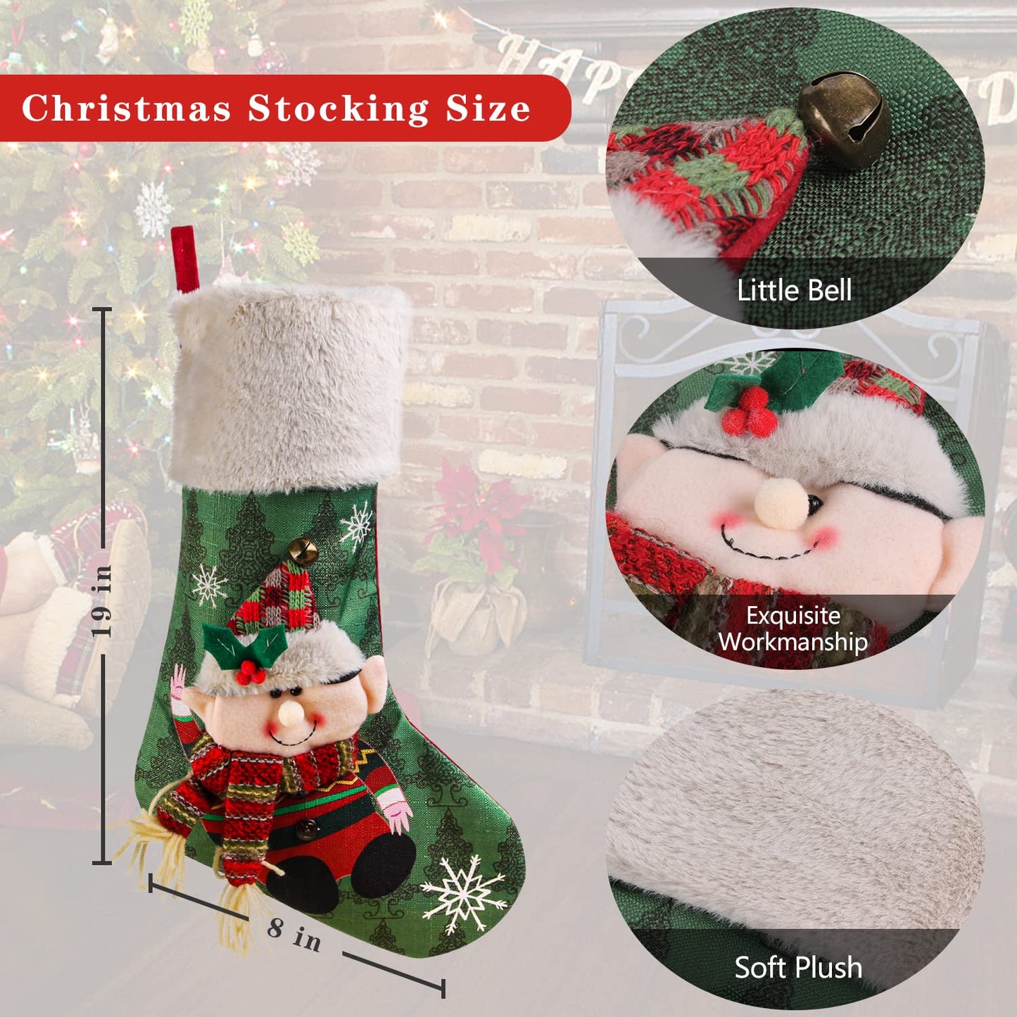 Christmas Stockings Set of 5, Large 18’’ Xmas Stockings Fireplace Hanging Stockings with Plush Cuff, Santa Snowman Reindeer Elf for Holiday Decor,Christmas Tree Decoration (5pcs)