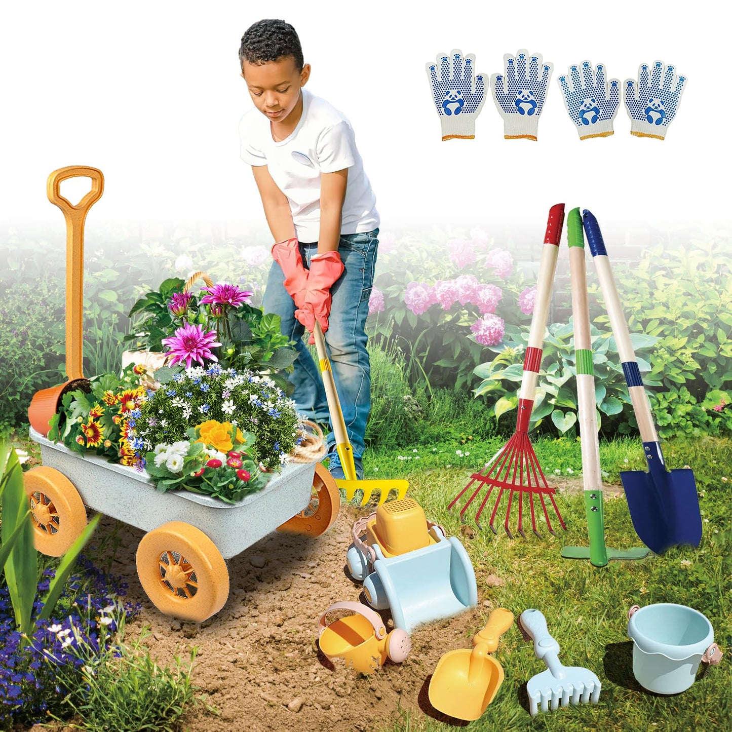 Mostop Kids Gardening Tools Outdoor Toys with Wheelbarrow, Kids Wheelbarrow Outside Toys for Kids Age 4-8, Educational STEM Learning Pretend Toys Outdoor Indoor for Toddlers Kids Boys Girls