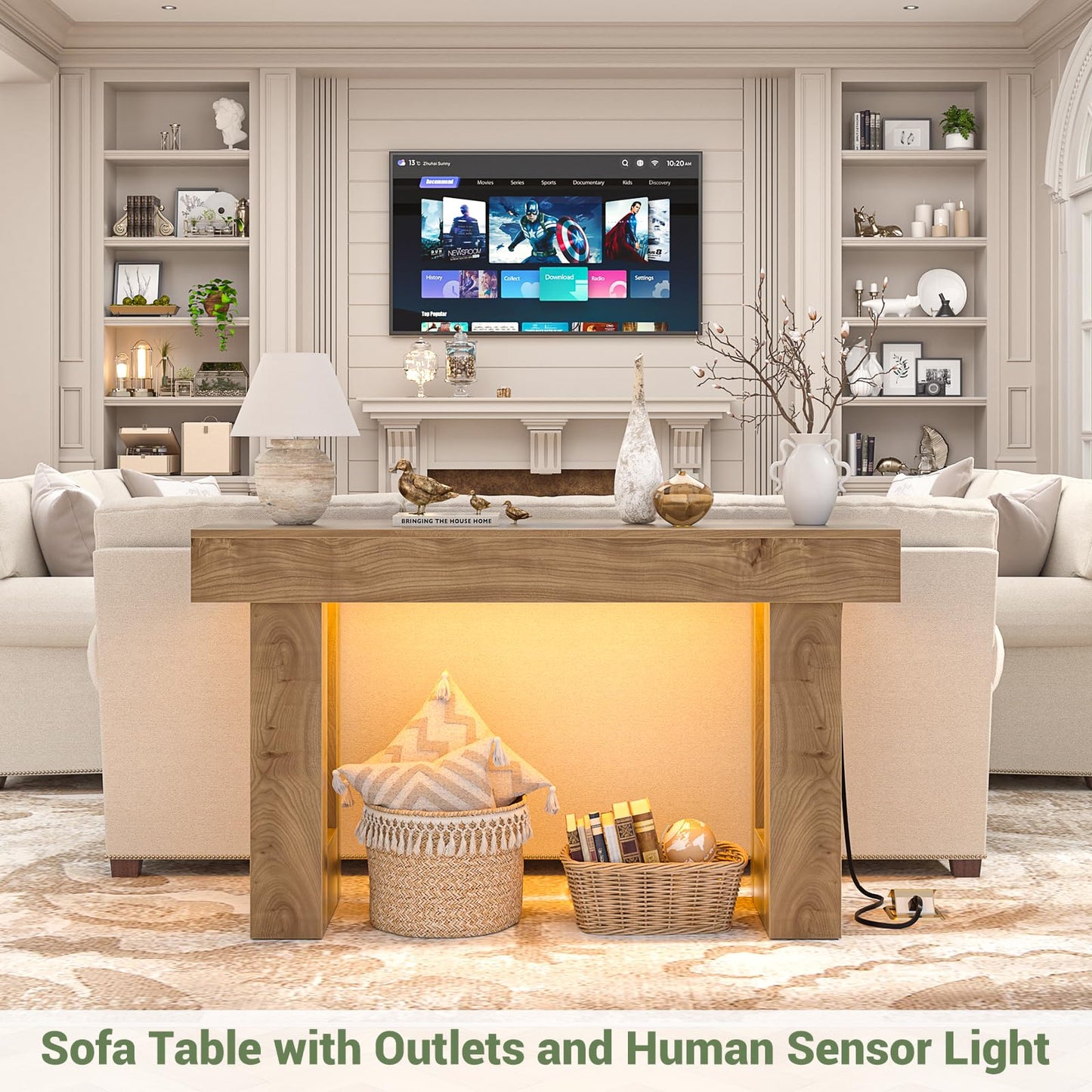 Unikito 47" Entryway Table with Socket and Sensor Light, Narrow Console Table with Storage Behind Couch, Farmhouse Entry Way Tables with Open Storage for Entrance/Hallway/Living Room, Natural Oak