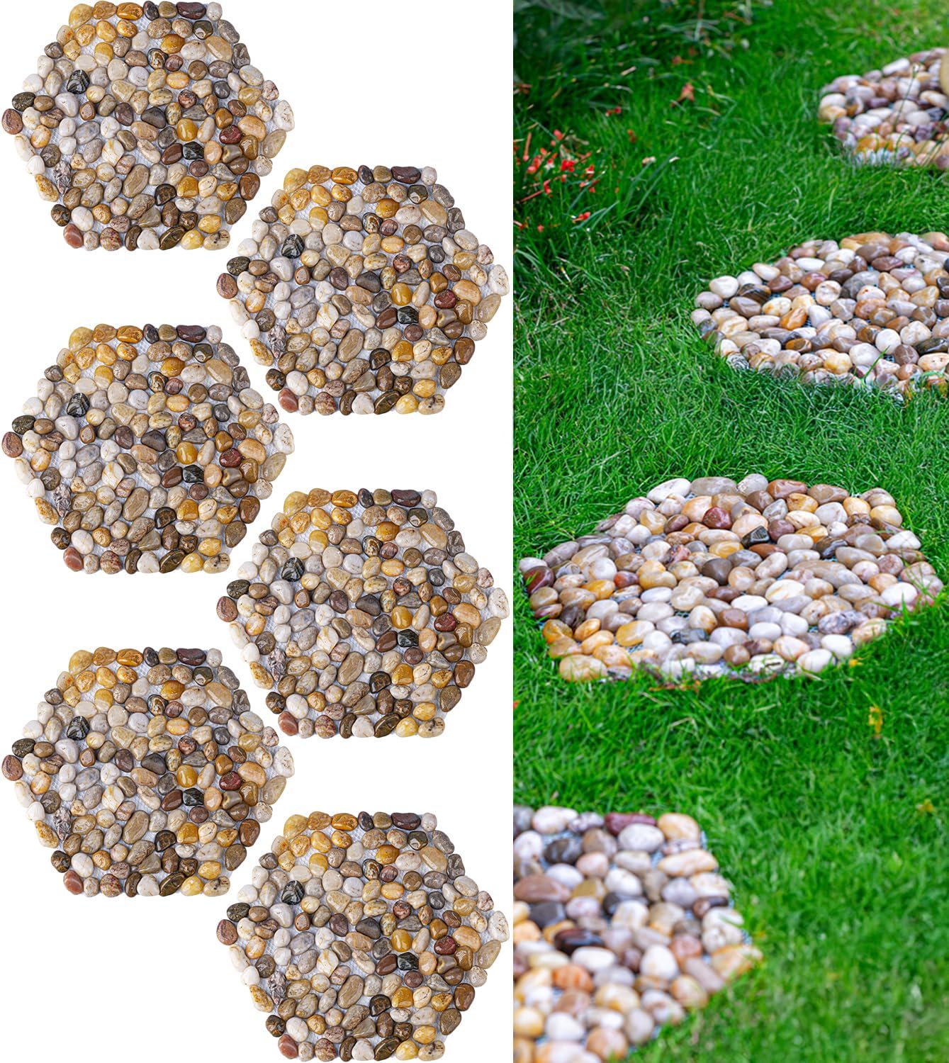 Qualdout River Rocks Stepping Stones Pavers Outdoor for Garden Walkway, Pebbles Polished Gravel for Yard Lawn Patio Pathway Landscaping, Set of 6 (Hexagon)