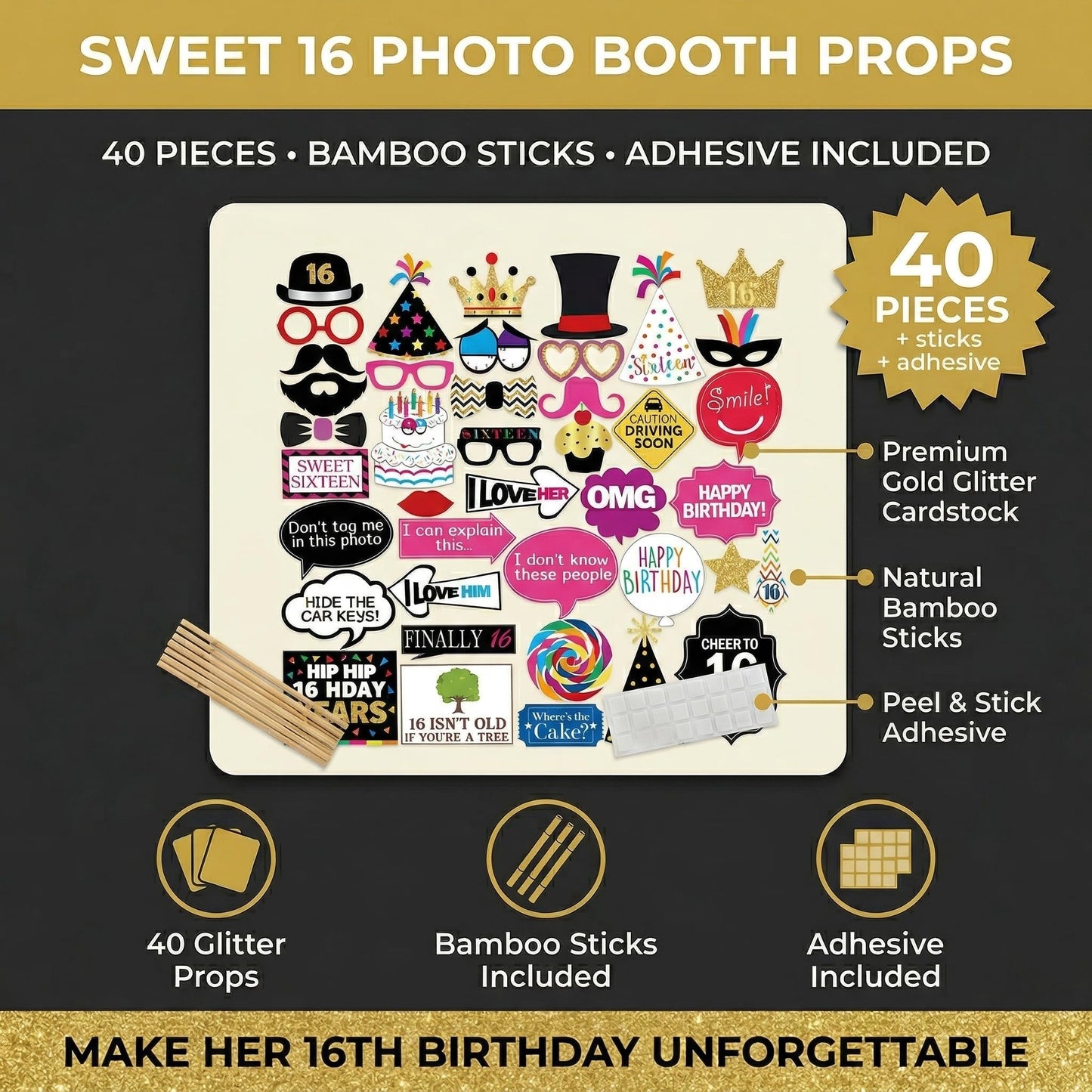 16th Birthday Photo Booth Props - 40 Pieces - Funny Birthday Party Supplies for Him or Her - Photo Booth Decorations, Favors and Gifts
