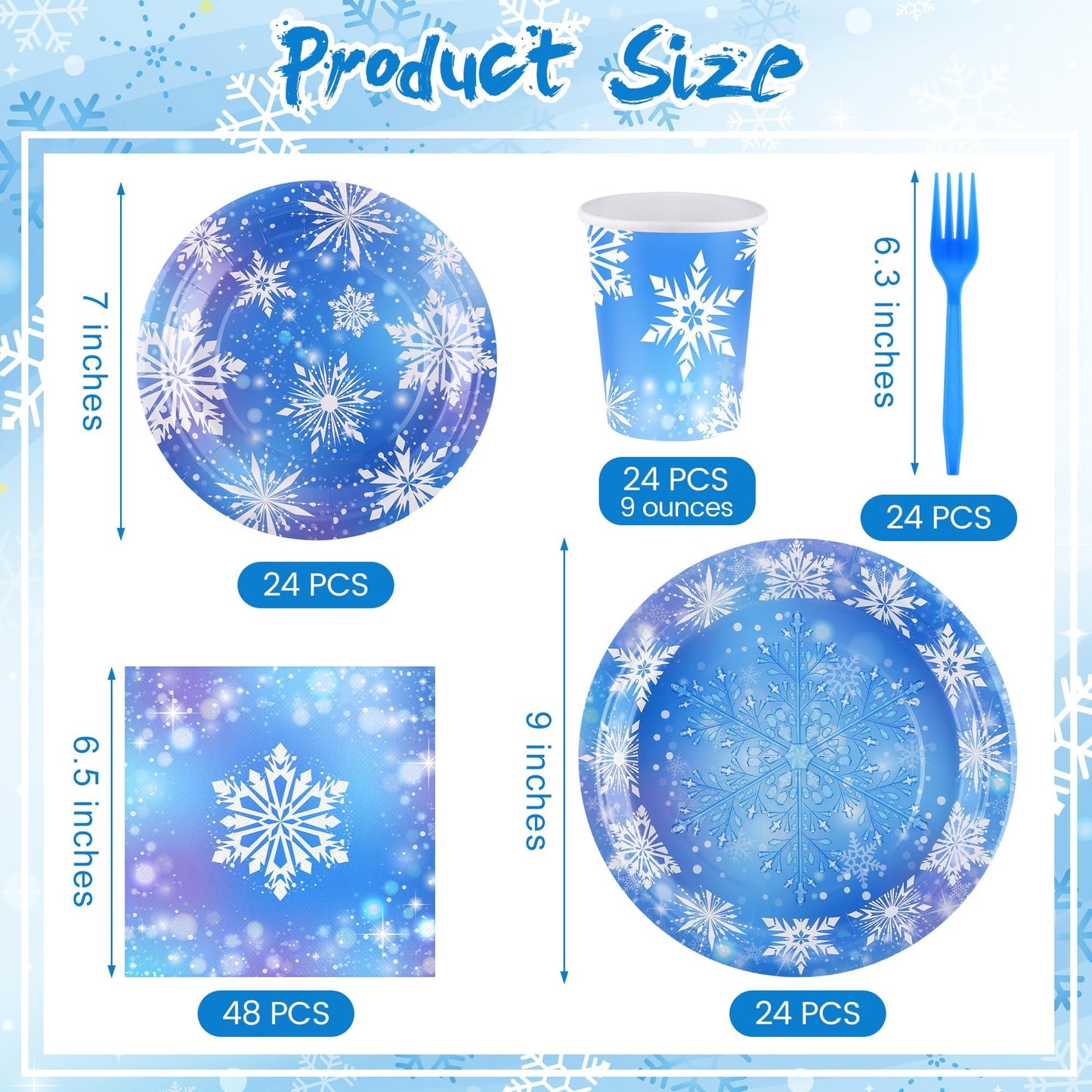 Kochorie 144 Pieces Frozen Party Supplies, Snowflake Tableware Sets Including Disposable Paper Plates Napkins Cups Forks Serves 24 for Winter Christmas Holiday Wonderland Birthday Party Decorations