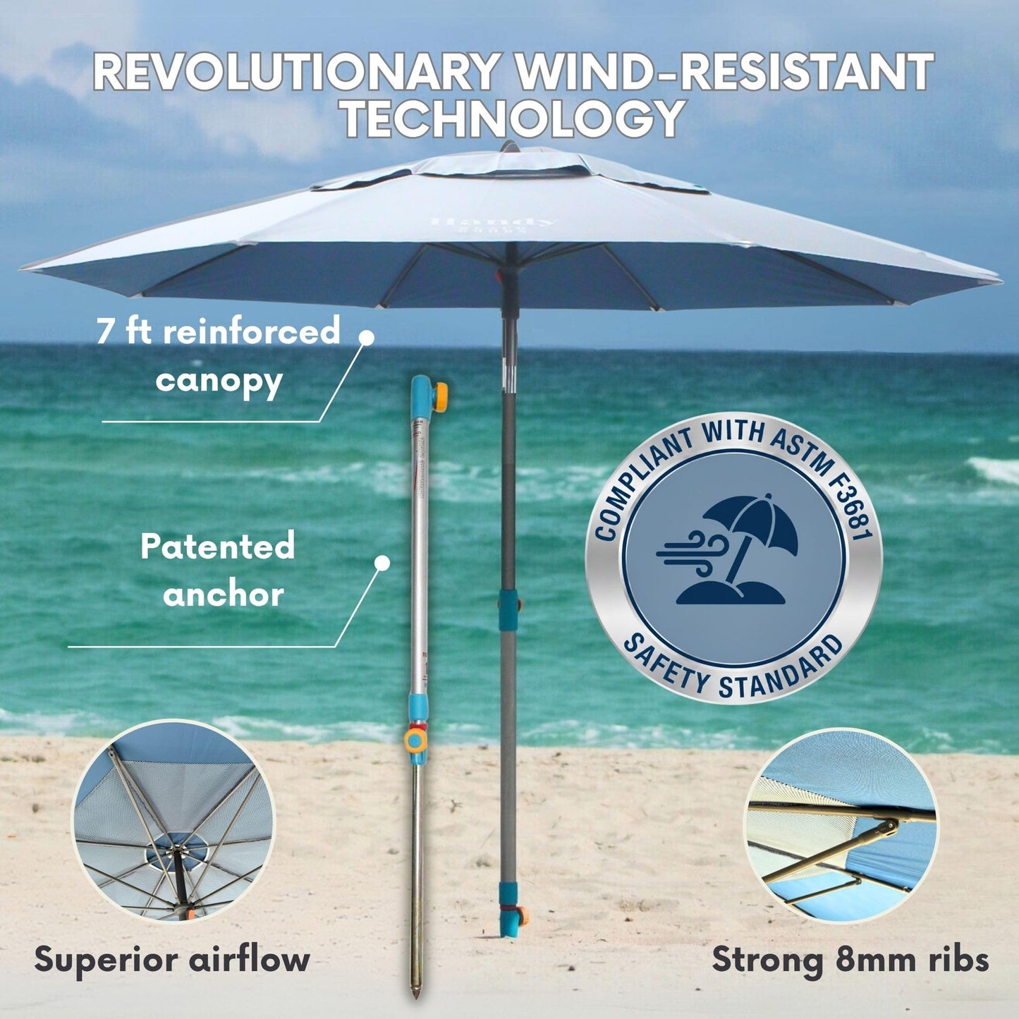 Handy Beach Umbrella with 10 Second Easy Setup Hammer In Anchor - 7ft Large Portable Heavy Duty High Wind Stability Beach Umbrellas For Sand-ASTM F3681 Safety Verified-Silver Coated UPF 55-2026 Model
