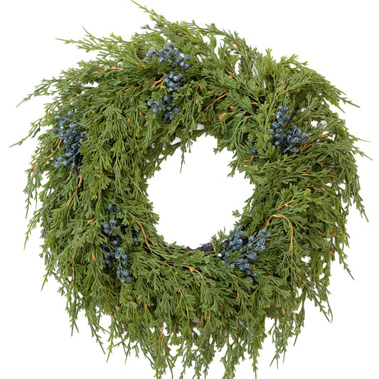 Fuxdre 16" Spring Wreaths for Front Door, Artificial Greenery Wreath with Blueberry, Green Norfolk Pine and Cedar for Wall, Porch, or Indoor Outdoor Decor, Real Touch Cedar Foliage