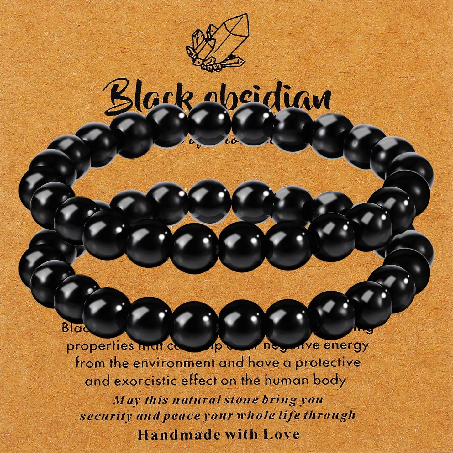 Heclia 2Pcs Black Obsidian Bracelet for Women Men, 8MM Natural Stone Stretch Beaded Bracelet, Healing Crystal Energy Jewelry for Stress Relief Yoga Gifts