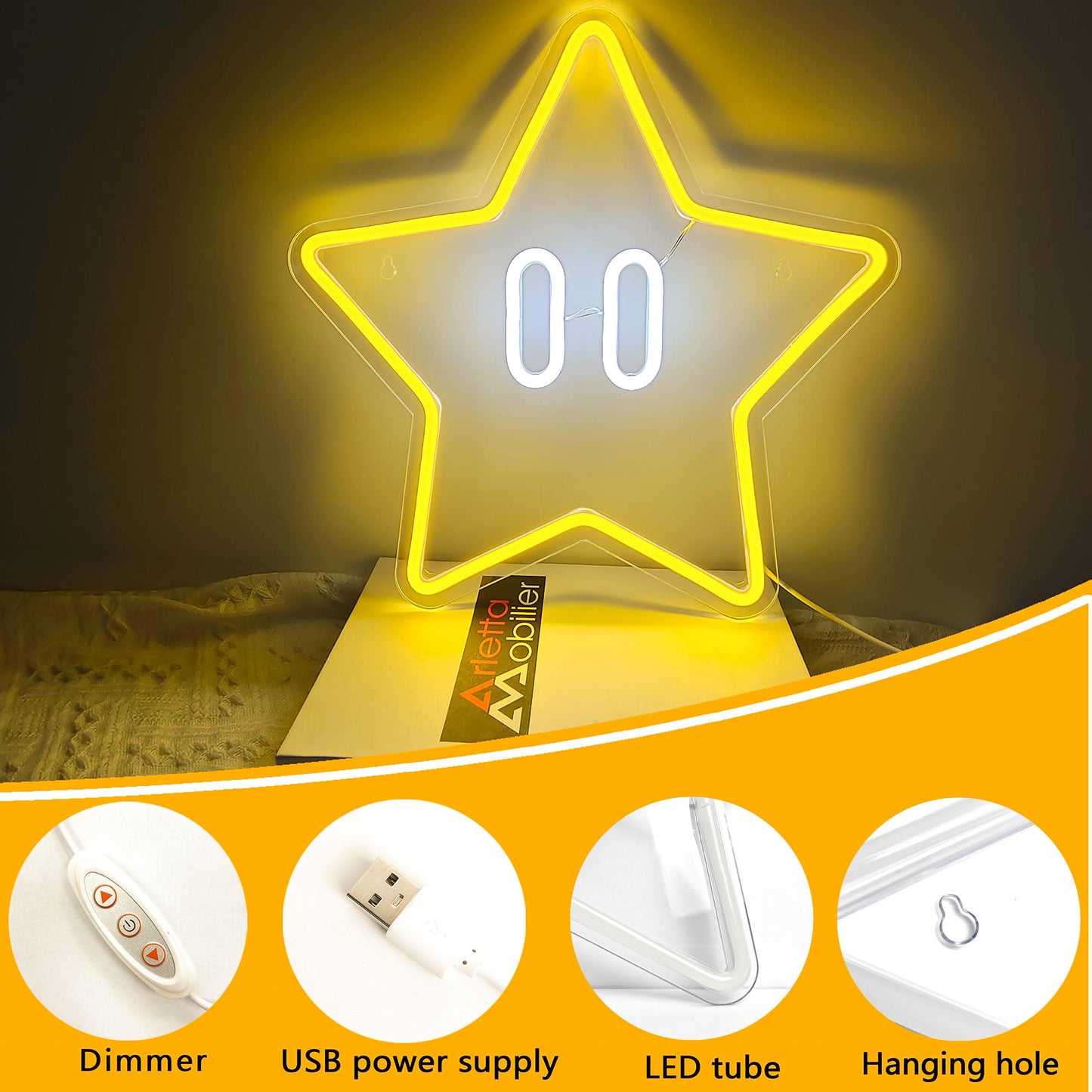 Star Neon Sign, Gaming Led Neon Light for Kids Bedroom Wall Decor Game Room Decor,Man Cave,Dimmable Gaming Star Led Sign Gifts for Kids Boys