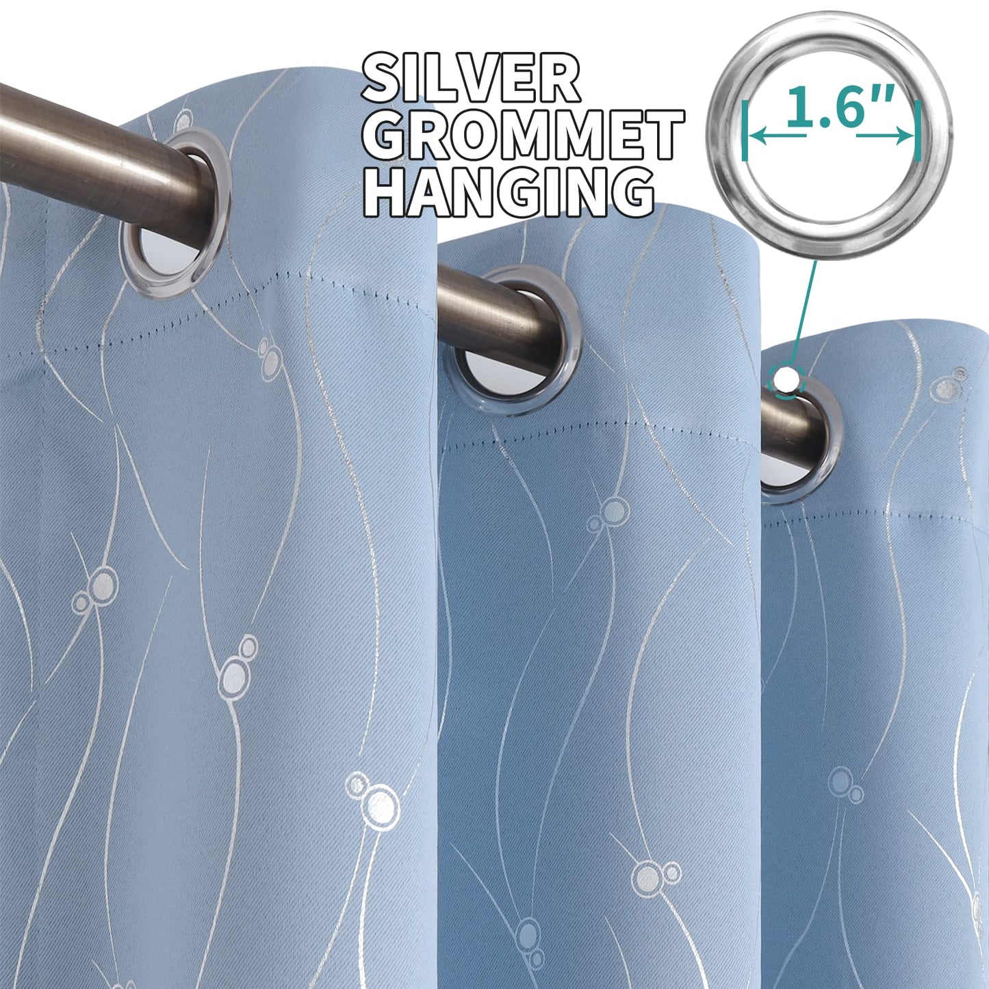 BGment Room Darkening Curtains 63 Inches Long, Grommet Thermal Insulated Blackout Curtains with Wave Line and Dots Printed for Bedroom, 2 Panels, Each 42 x 63 Inch, Light Blue