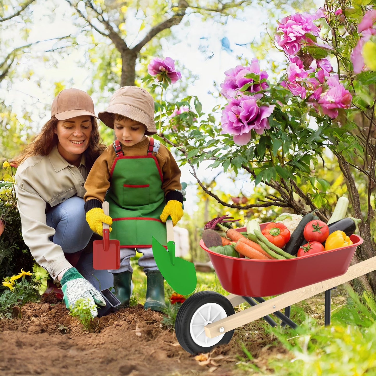 Qtioucp Kids Gardening Wheelbarrow Set, Metal & Wooden Garden Tools for Kids Ages 3-8, Real Wheelbarrows with Apron, Gloves & STEM Guide, Outdoor Backyard Garden Toy Gift (Wheelbarrow Garden Set)