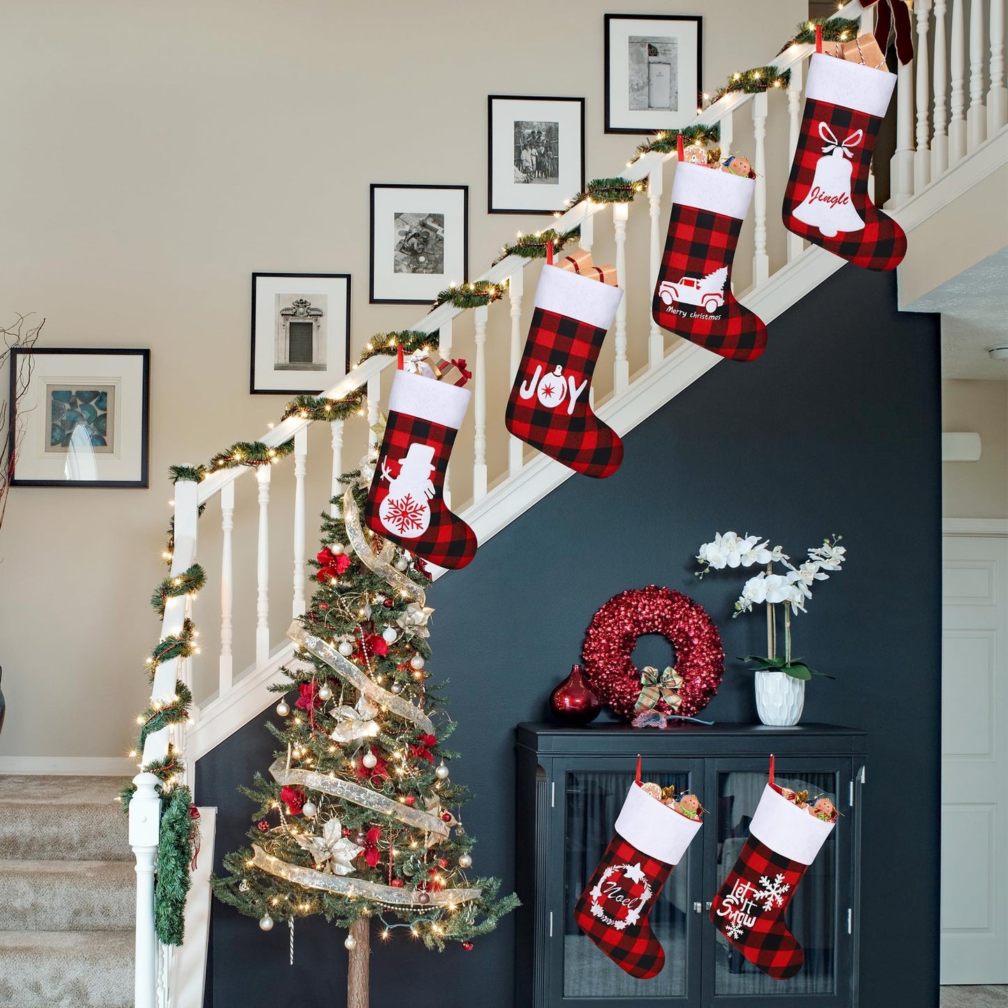 Aodaer 16 Pack Felt Christmas Stockings 18 Inches Red Black Buffalo Plaid Xmas Fireplace Hanging Stockings with Santa Snowman Reindeer Pattern Holiday Hanging Decorations for Christmas Party Favors