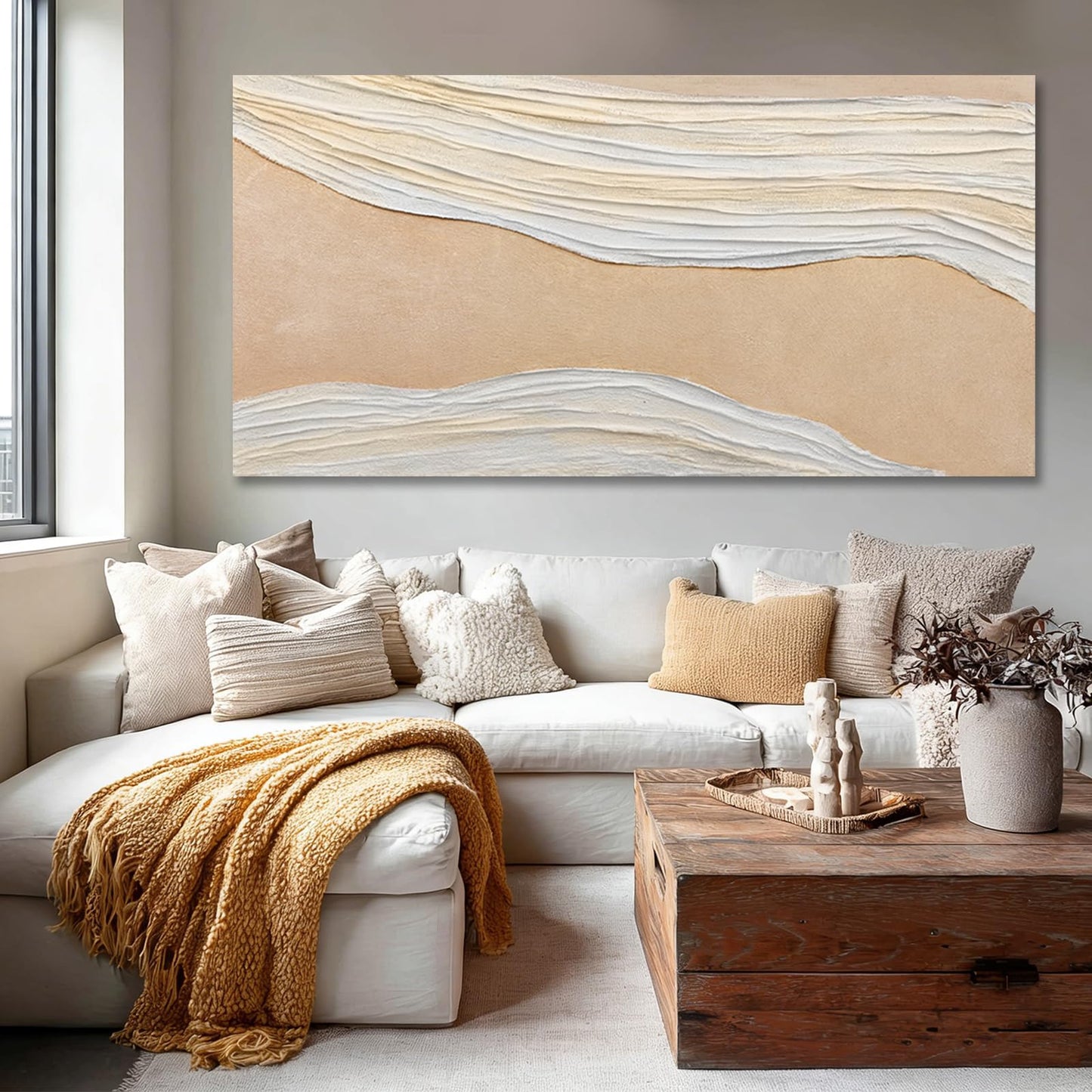Dolidoteart Beige White Canvas Wall Art, Large Wall Art for Living Room, Hand Painted Abstract Oil Painting, Oversized Horizontal Wall Decor for Bedroom Office, 29x58 Inch