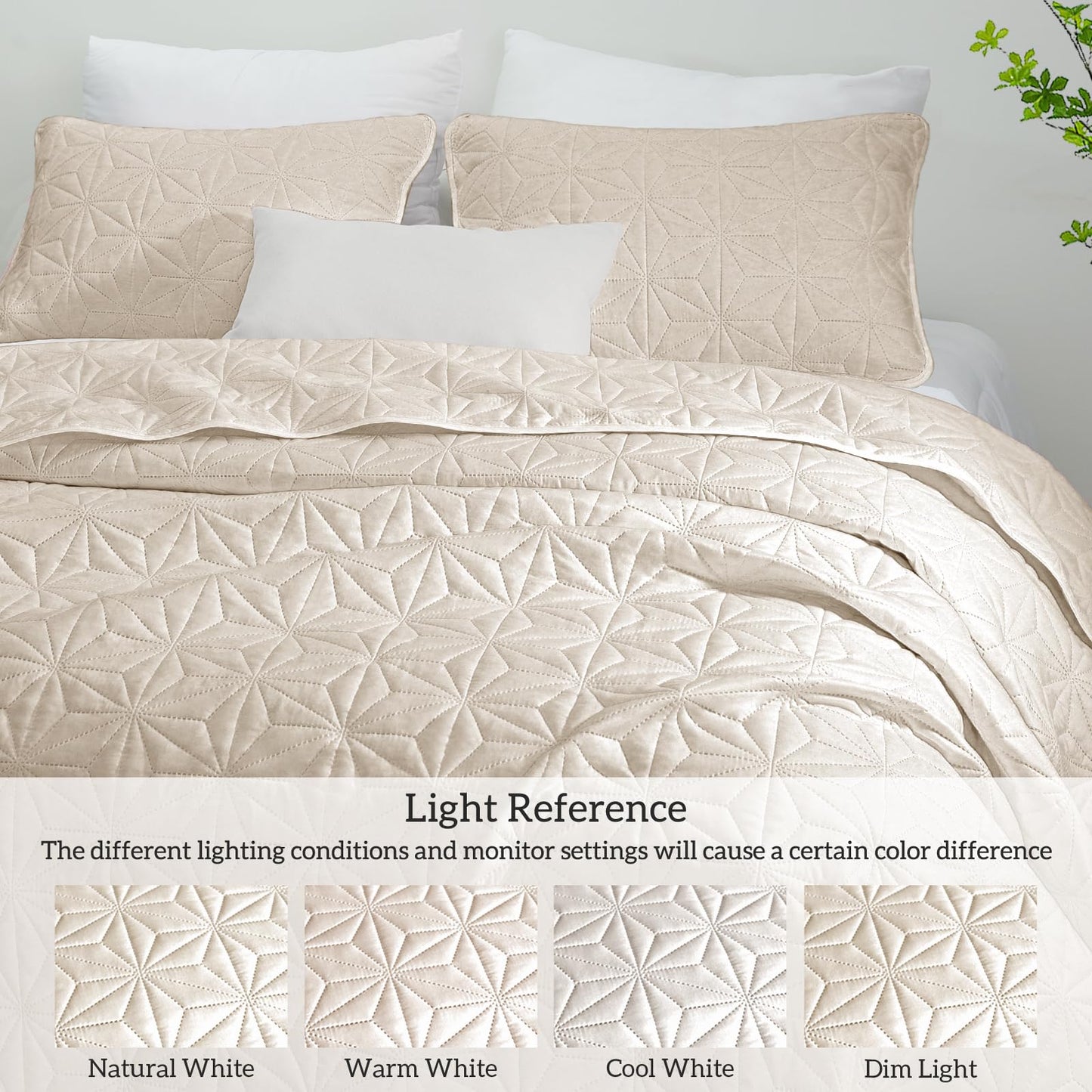 Whale Flotilla Queen Quilt Bedding Set, Soft Brich Beige Bedspreads Quilts Queen Full Size for All Seasons, 3 Pieces Lightweight Geometric Star Pattern Coverlet