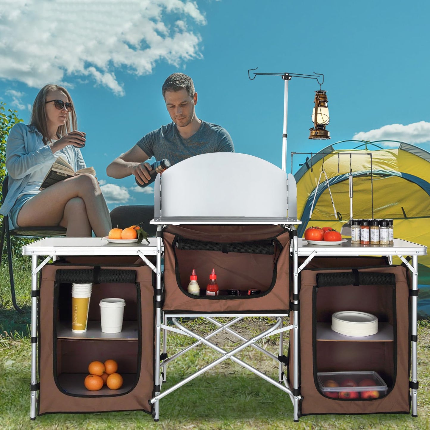 VEVOR Camping Kitchen Table, Folding Outdoor Cooking Table with Storage Carrying Bag, Aluminum Cook Station 3 Cupboard & Detachable Windscreen, Quick Set-up for Picnics, BBQ, RV Traveling, Brown