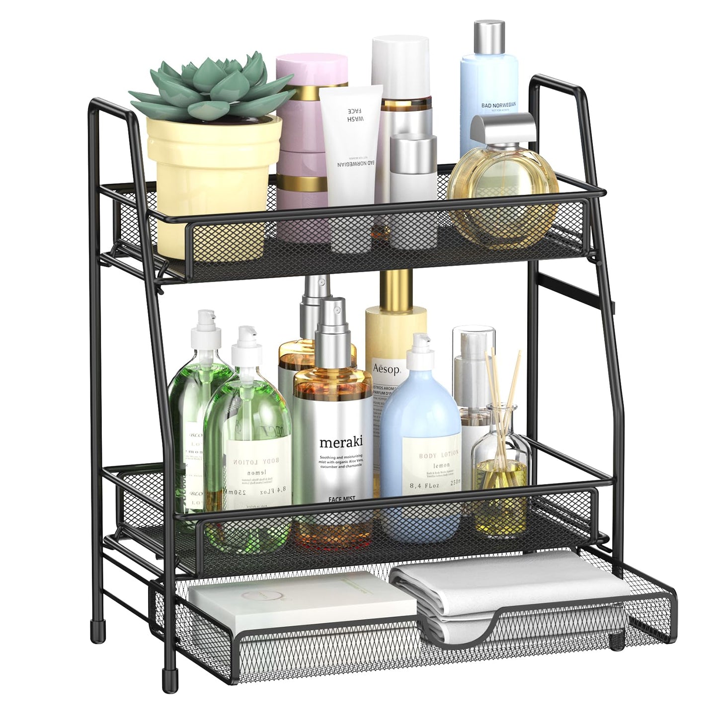 2-Tier Bathroom Counter Organizer with Drawer, Bathroom and Makeup Organizer Countertop, Easy to Install, Ideal for Bathroom organizer, Vanity, Large Skincare, Perfume, Present, and More,Black