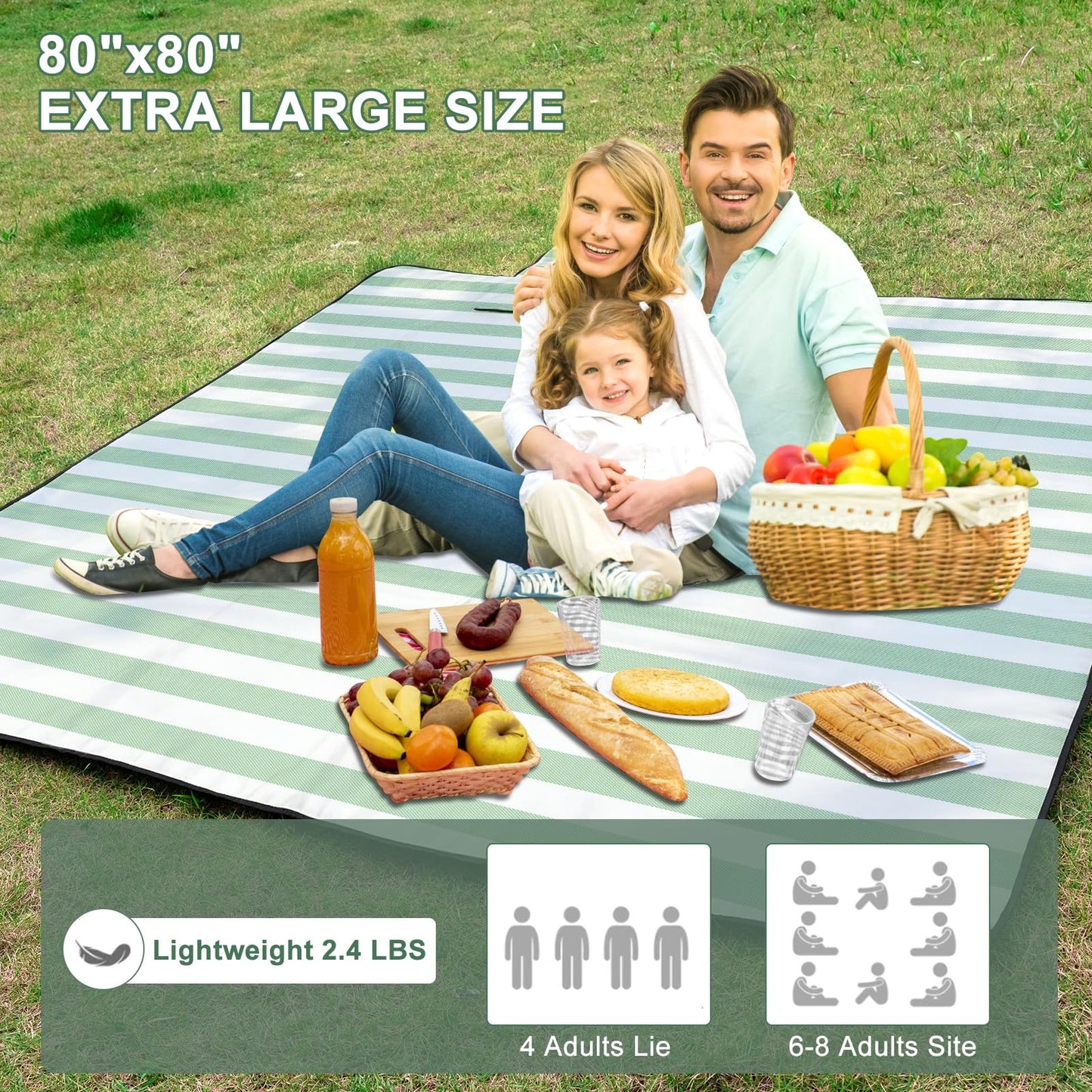 ZUBOND Picnic Blanket 80''x80'', Waterproof Sandproof Beach Outdoor Camping Mat Extra Large Foldable Gingham Big Travel Essential Accessories Gift Park Patio Lawn Garden Grass Ground Music Festival