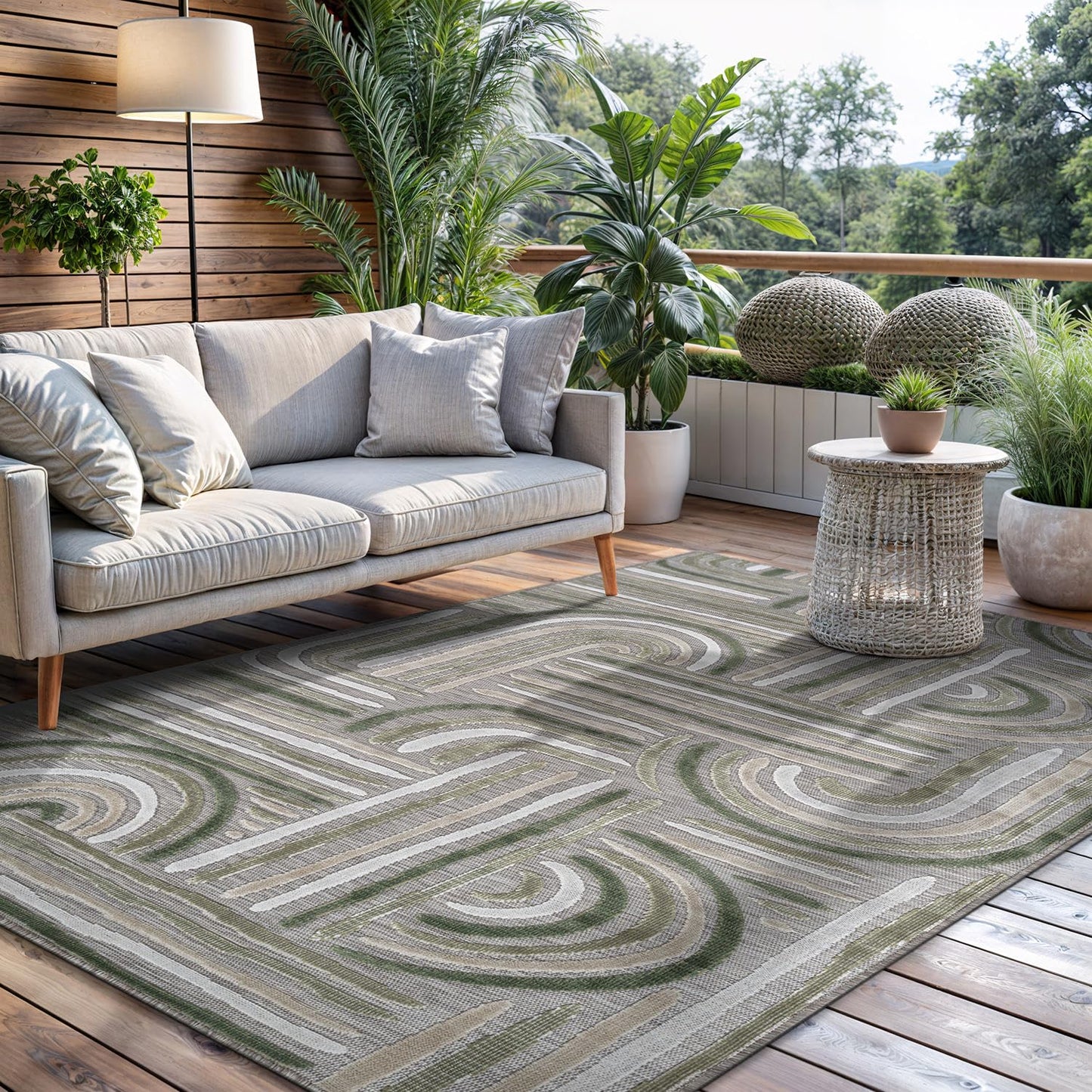CAMILSON Indoor Outdoor Rug, Beige 5x7 Geometric Arch Striped Area Rugs for Patio and Home Areas, Easy-Cleaning Non-Shedding Living Room, Garden and Deck Washable Outside Carpet (5 x 7)