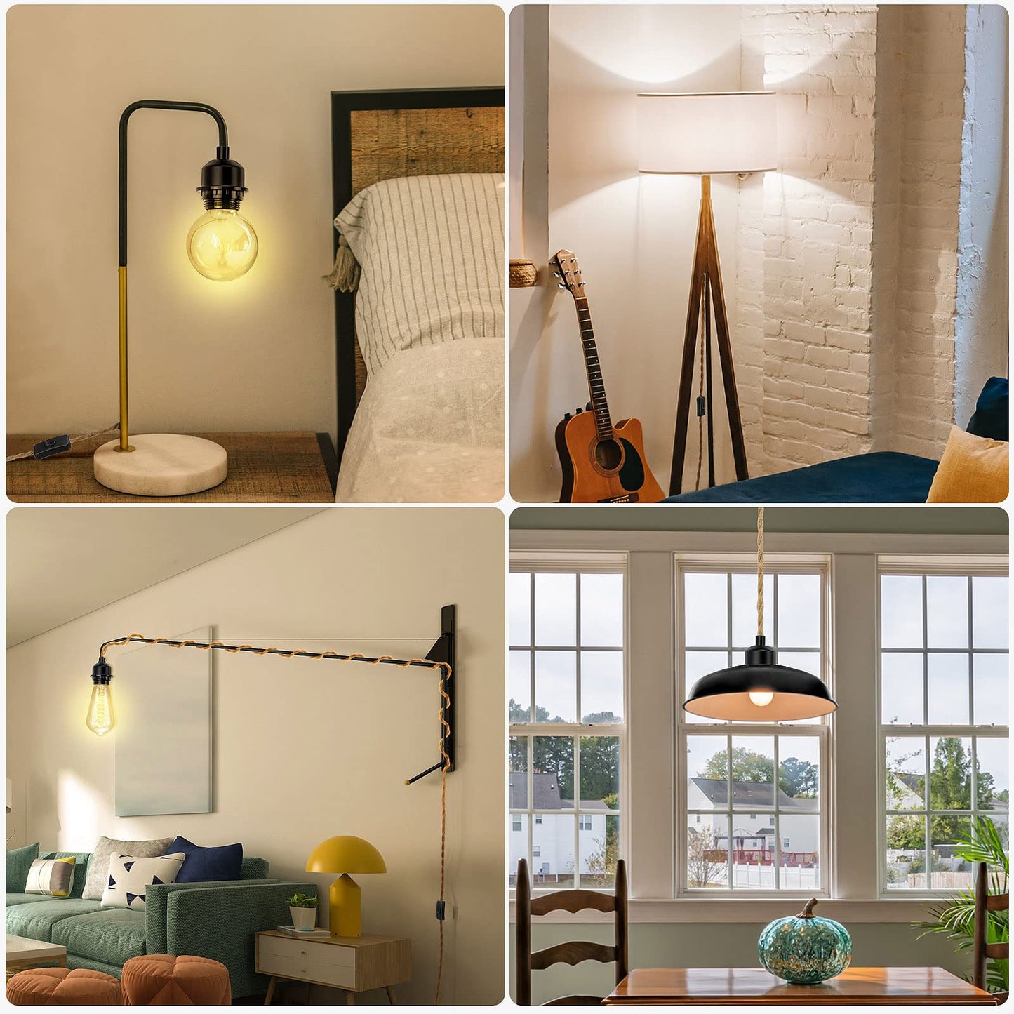 LYOOWNG Plug in Pendant Light Cord, Farmhouse Hanging Lights with Plug in Cord, 15FT Hemp Rope Plugin Hanging Light Cord Kit with On/Off Switch, E26 E27 Light SocketCord, Bulb NOT Included