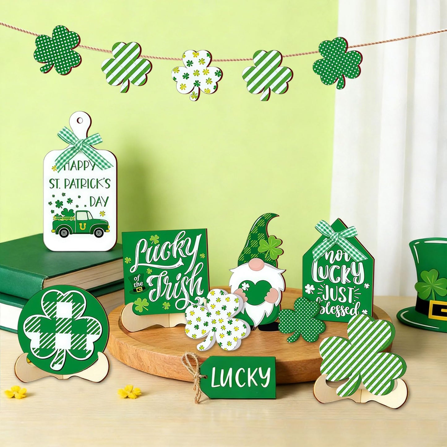 15PCS St. Patrick's Day Tray Decor Wooden Signs Table Centerpieces with Plush Gnome, Shamrock Pattern, Blessing Ornaments & 1 Mini String Light for St. Patrick's Day Party Tabletop Tray Decoration