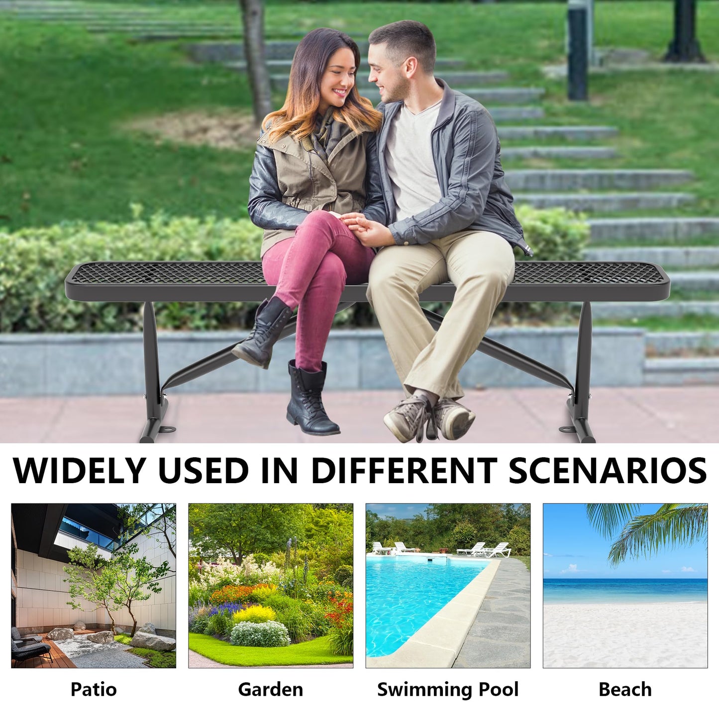 Park Benches for Outside, 6 ft Steel Outdoor Garden Bench Porch Chair Furniture Patio Seating, Commercial Expanded Metal Mesh Bench for Shopping Malls, Lawn, Backyard, Park, Deck, Street, School