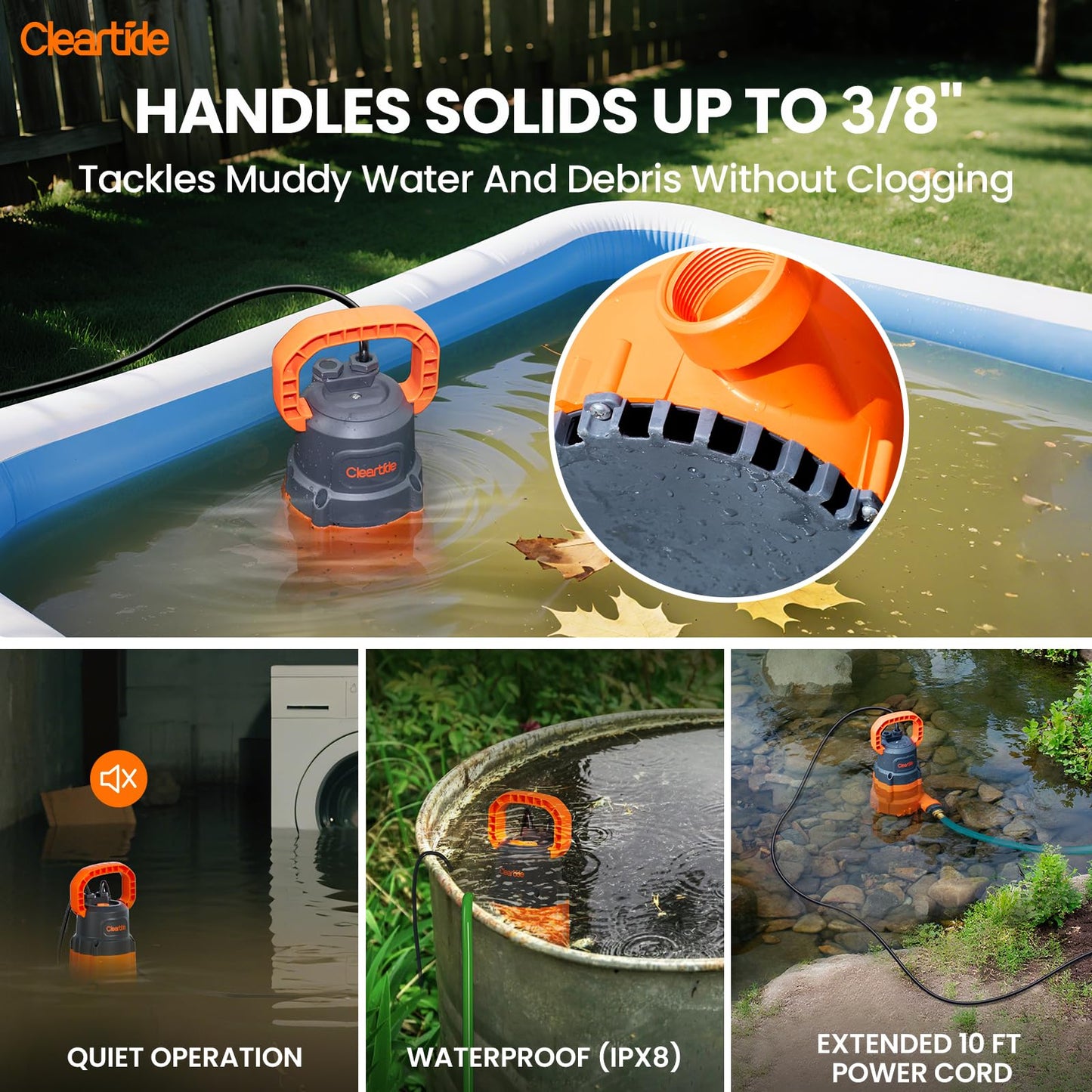 Cleartide Submersible Sump Pump, 1/2 HP Utility Water Pump for Pool Draining, Hot Tub, Basement, Electric Drain Pump Handles 3/8" Solids, 10 FT Cord