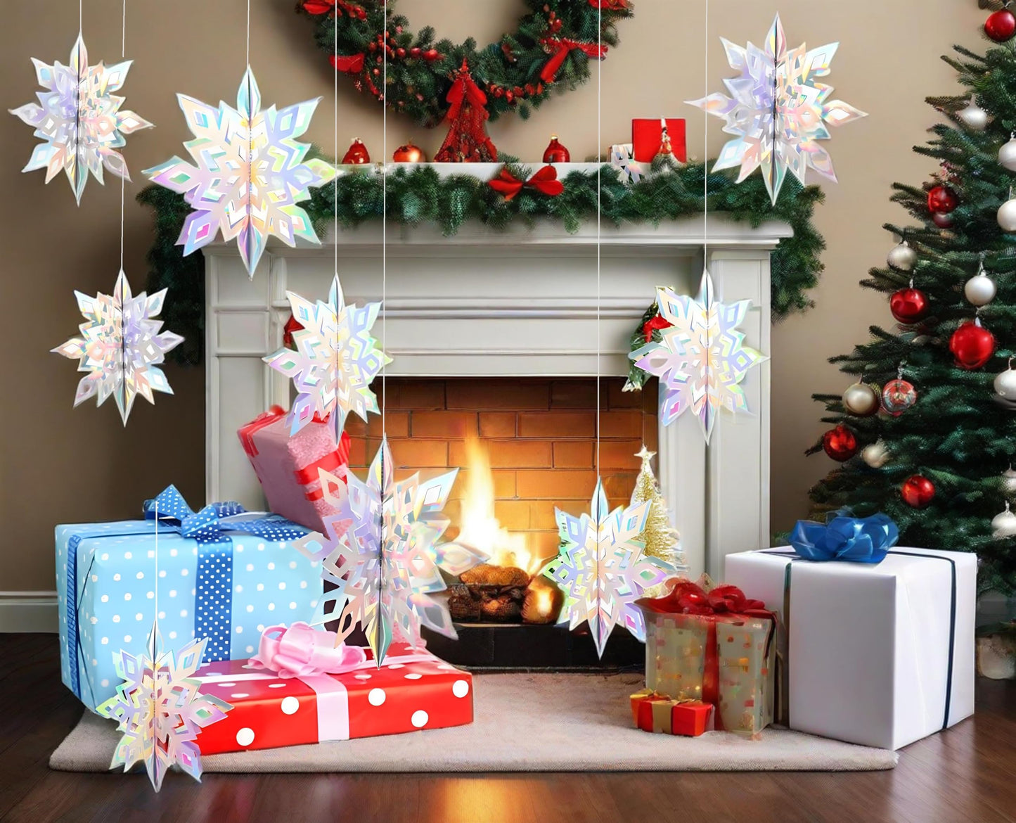 12pcs 3D Christmas Hanging Snowflakes Decorations， Iridescent Paper Snowflakes Snow Flakes Garland for Winter Wonderland Frozen Christmas Birthday Party Decorations，