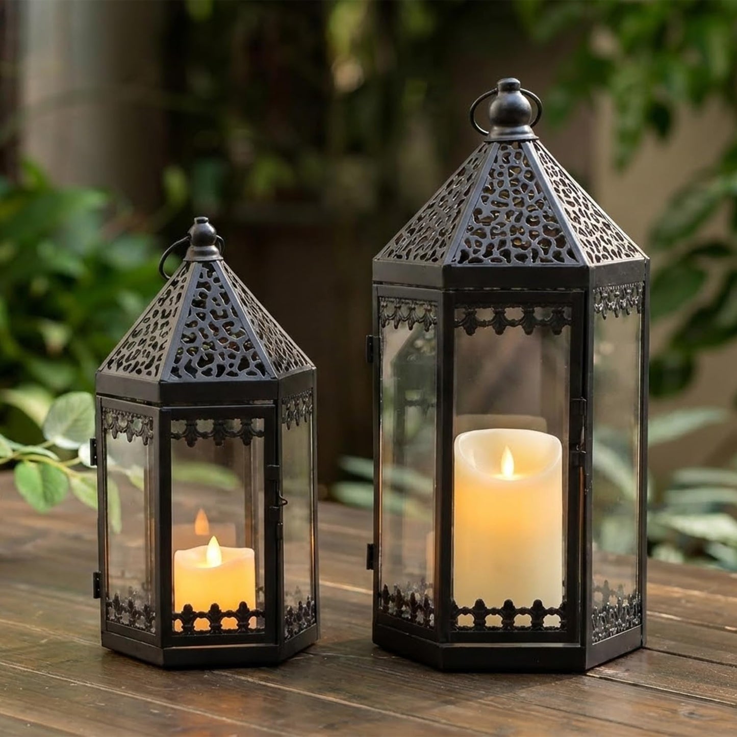 TRIROCKS Set of 2 Decorative Candle Lantern 16'' & 12'' High Metal Candle Holder Hanging Lanterns with Tempered Glass for Indoor Outdoor Home Decor Parties Garden Events (Black)