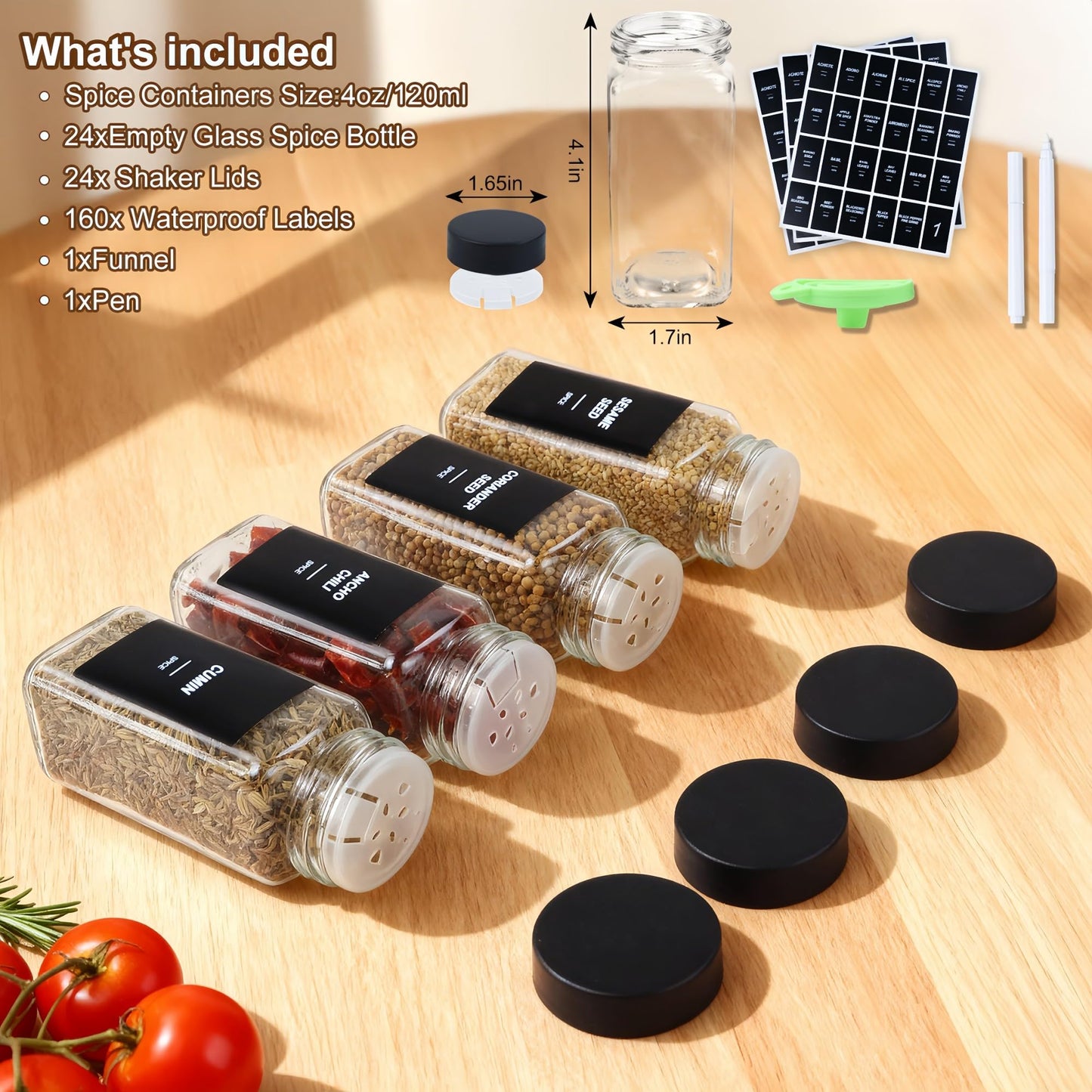 JARXSUN 24Pcs Spice Jars Containers with Labels，4oz Black Seasoning Bottles with Shaker Lids for Rack, Cabinet, Drawer,Empty Square Condiment Pots (24, Black)