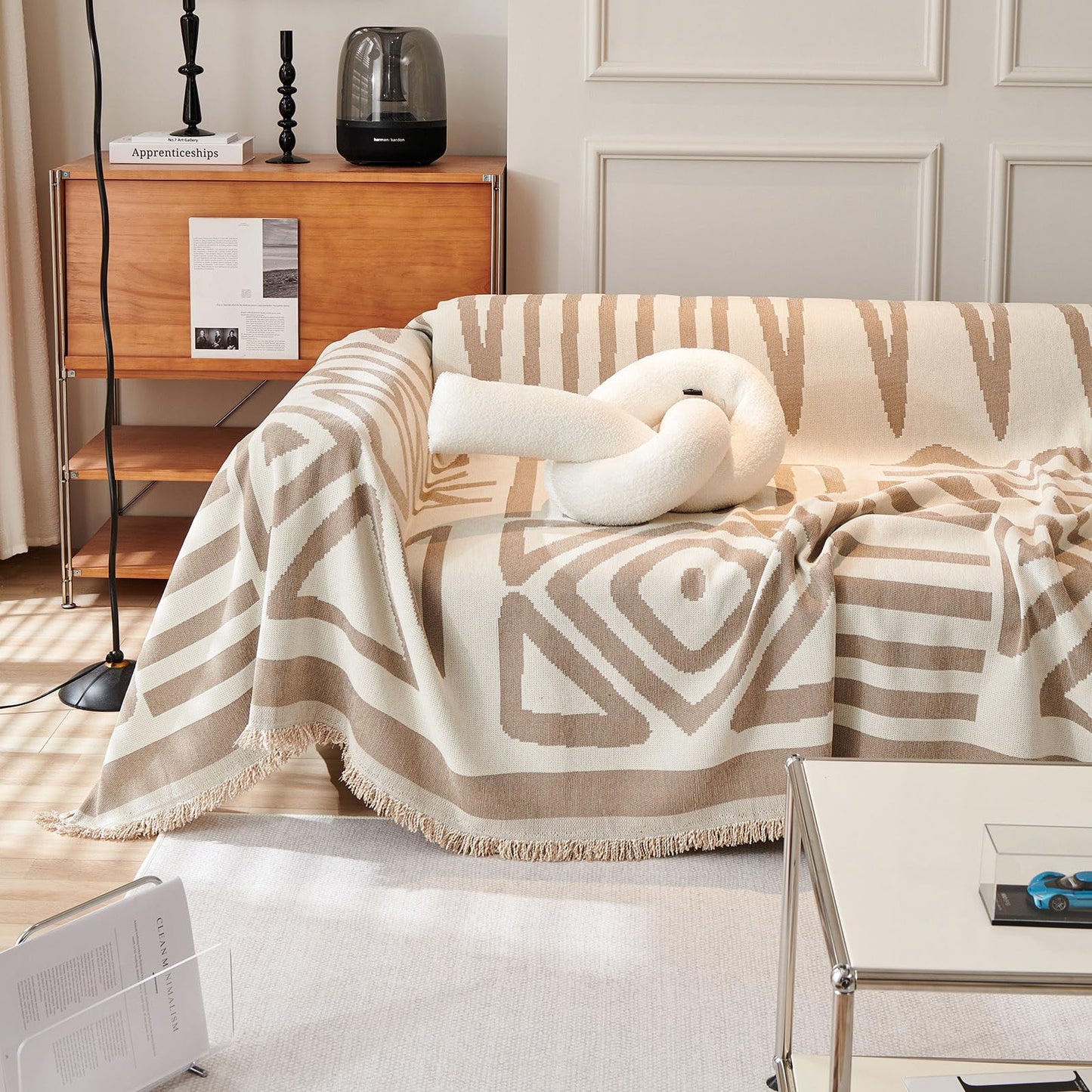 TOYROOM Chenille Sofa Cover Armchair Couch Cover Reversible Throw Sofa Slipcover with Khaki Geometry Pattern, Non Slip Boho Sofa Cover with Tassels Resistant for Dog Pet Washable, 71" x 71"